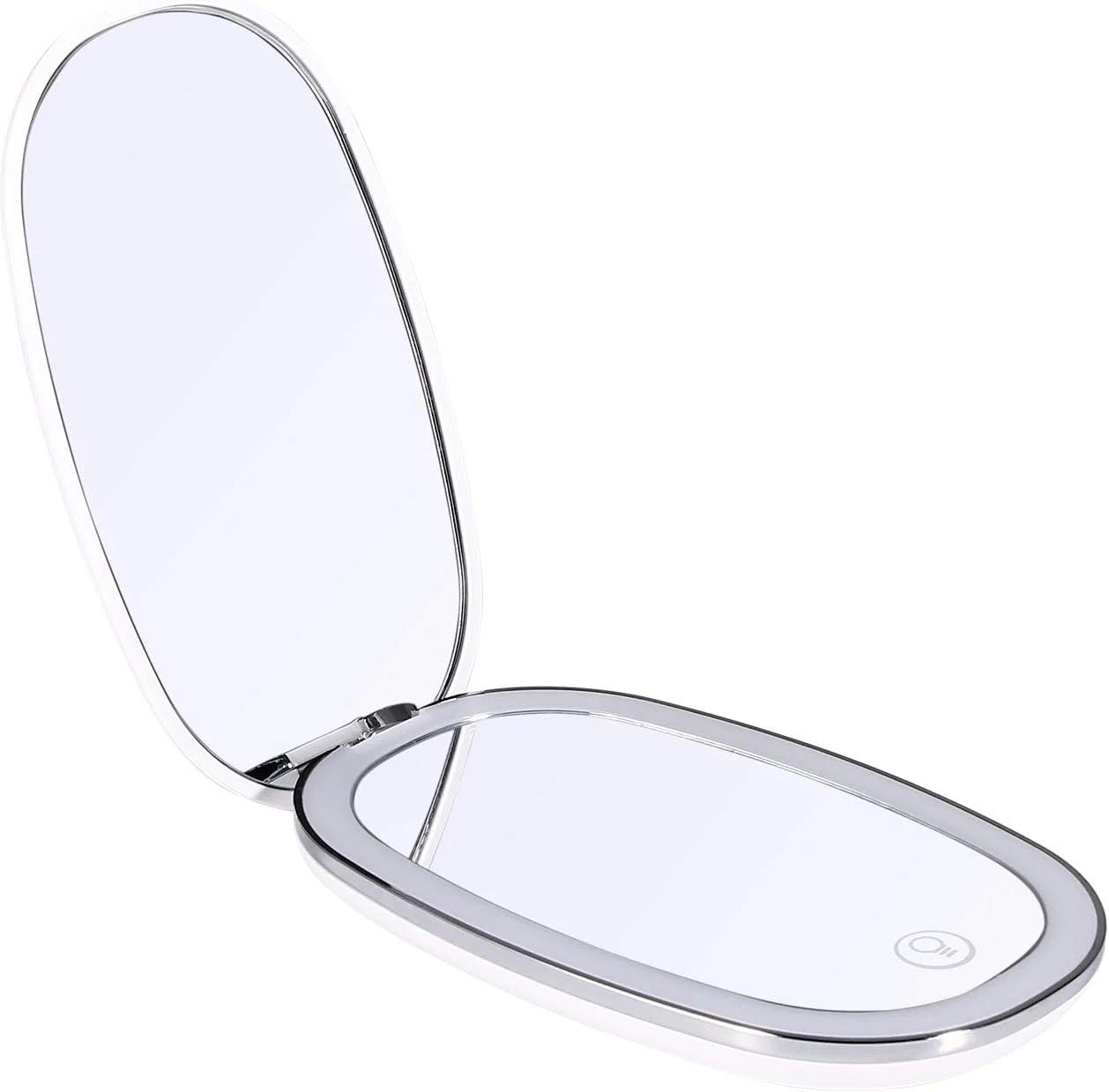 آینه آرایشی مسافرتی چراغ دار LED دوکر، آینه فشرده بزرگنمایی، قابل حمل برای کیف دستی، کیف پول، جیب، آینه تاشو روشن، آینه دستی دو طرفه، گرد سفید