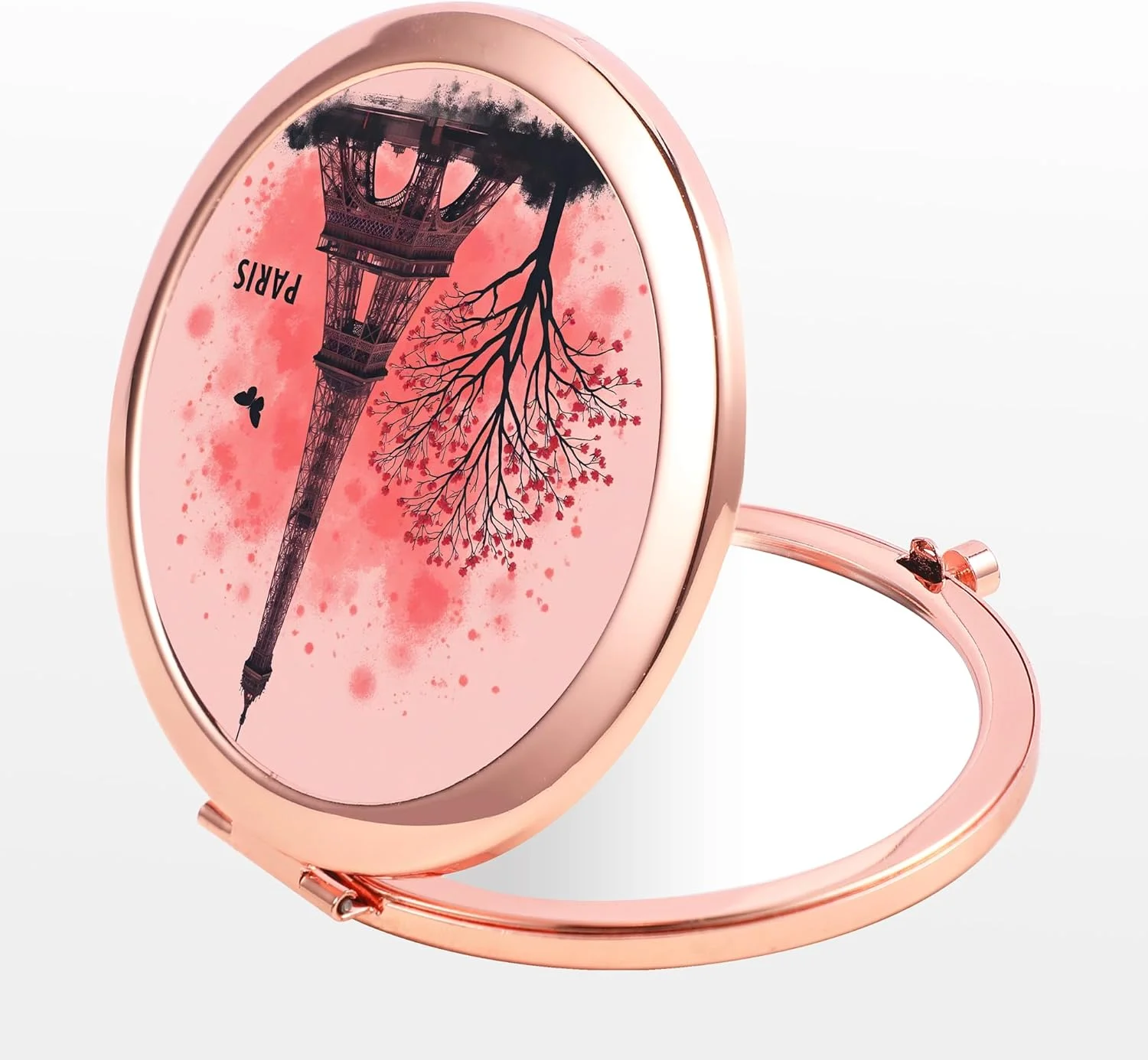 آینه آرایشی Dynippy، طلایی رز، تاشو، جیبی، کوچک، قابل حمل، دو طرفه، بزرگنمایی 2 و 1 برابر، طرح برج ایفل پاریس، مناسب خانم ها و دختران