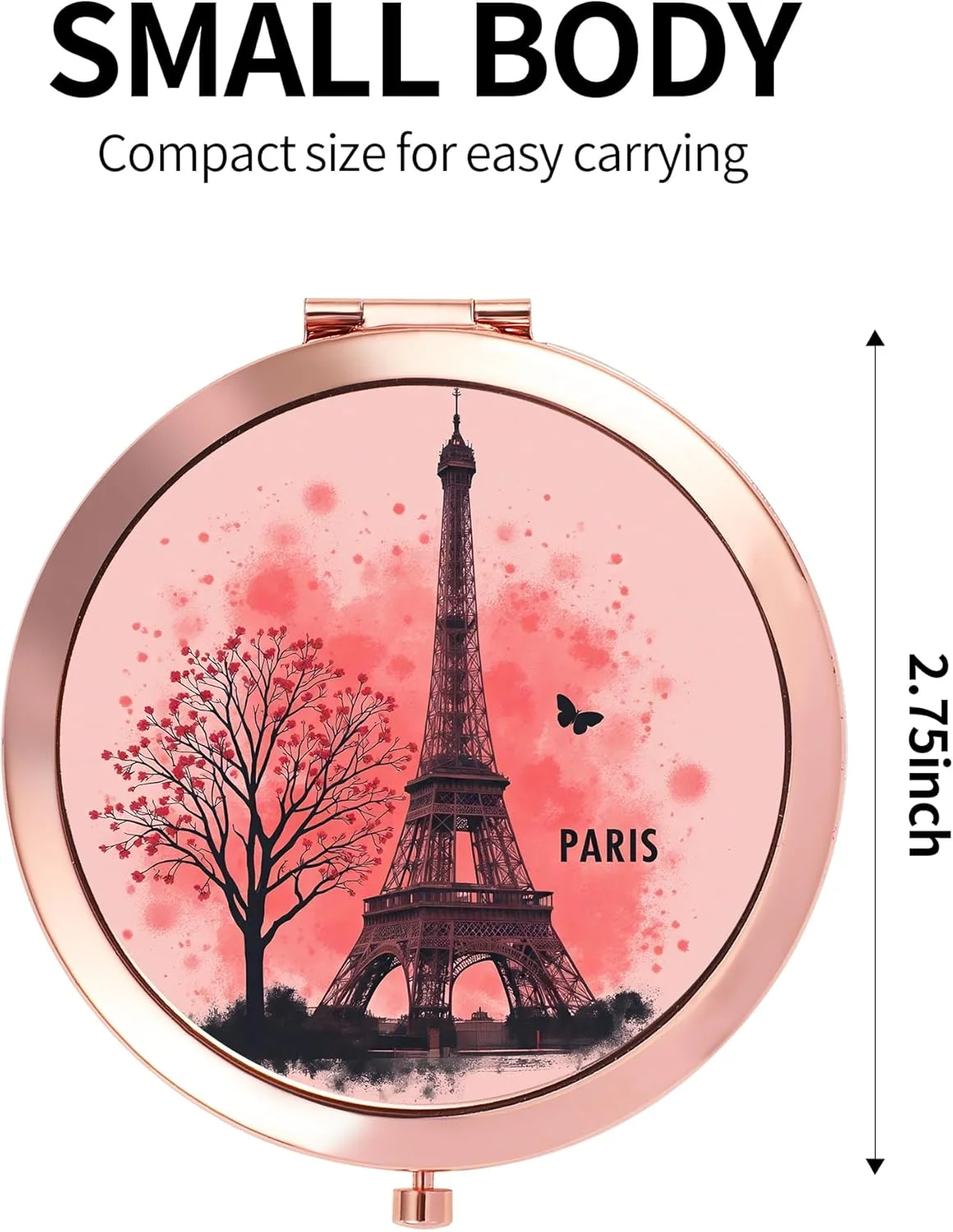 آینه آرایشی Dynippy، طلایی رز، تاشو، جیبی، کوچک، قابل حمل، دو طرفه، بزرگنمایی 2 و 1 برابر، طرح برج ایفل پاریس، مناسب خانم ها و دختران