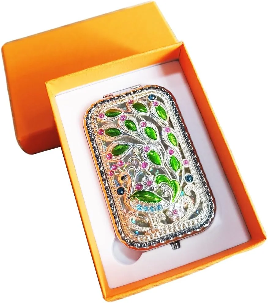 آینه جیبی GIEEU - نقره ای - زنانه - آینه آرایشی تاشو فلزی طرح طاووس، دو طرفه مناسب سفر