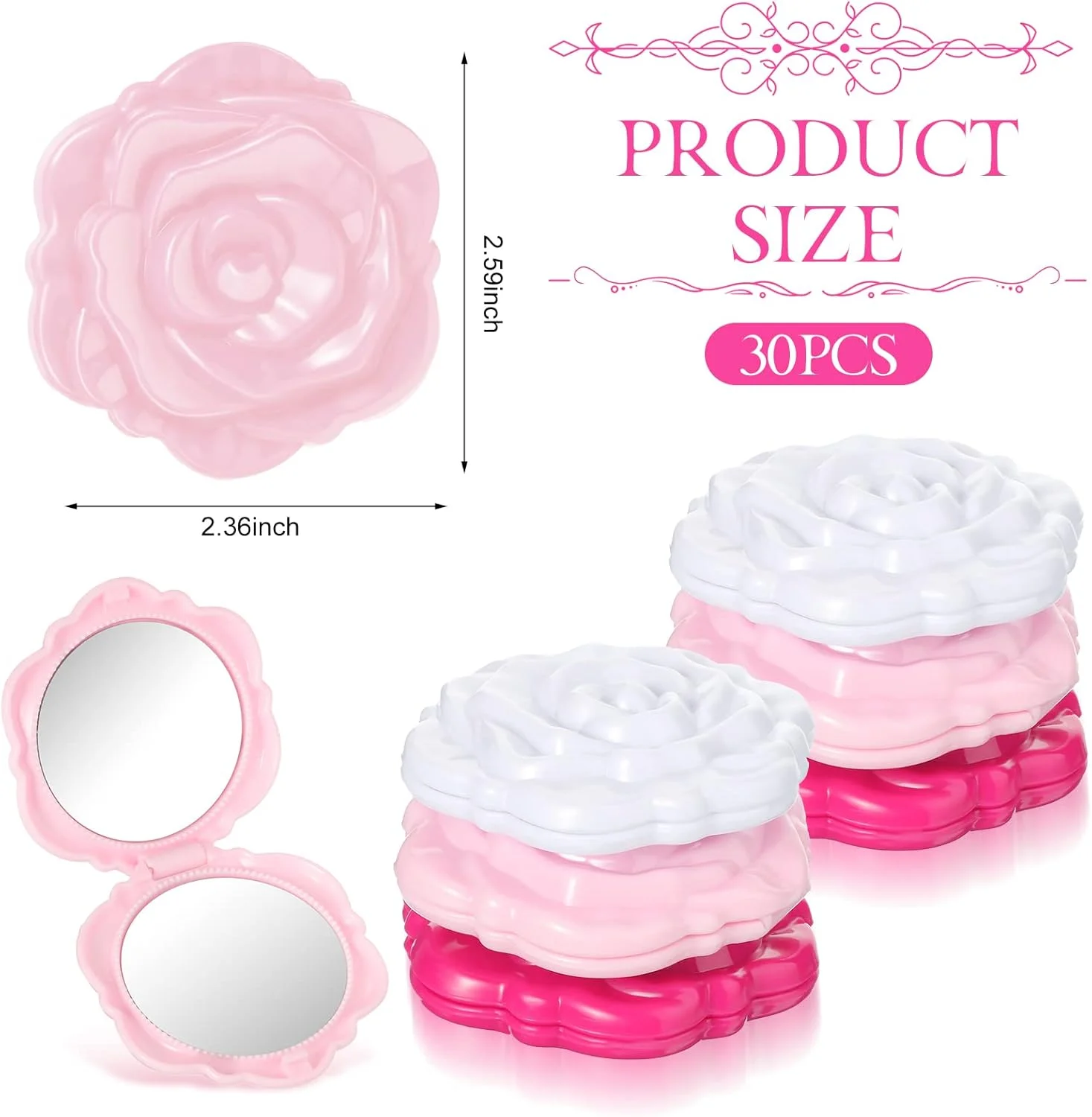 آینه جیبی Geelin، بسته 30 عددی، طرح گل رز صورتی، مناسب مهمانی عروسی، هدیه، آینه آرایشی پلاستیکی تاشو دستی، لوازم مسافرتی زنانه و دخترانه