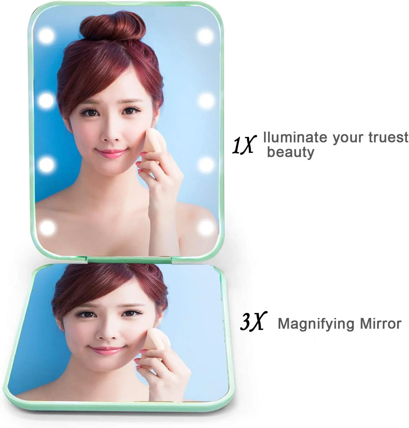آینه آرایشی فشرده Funito با نور، آینه تاشو دستی 1x/2x، آینه آرایشی مسافرتی کوچک برای کیف دستی، کیف پول، هدیه