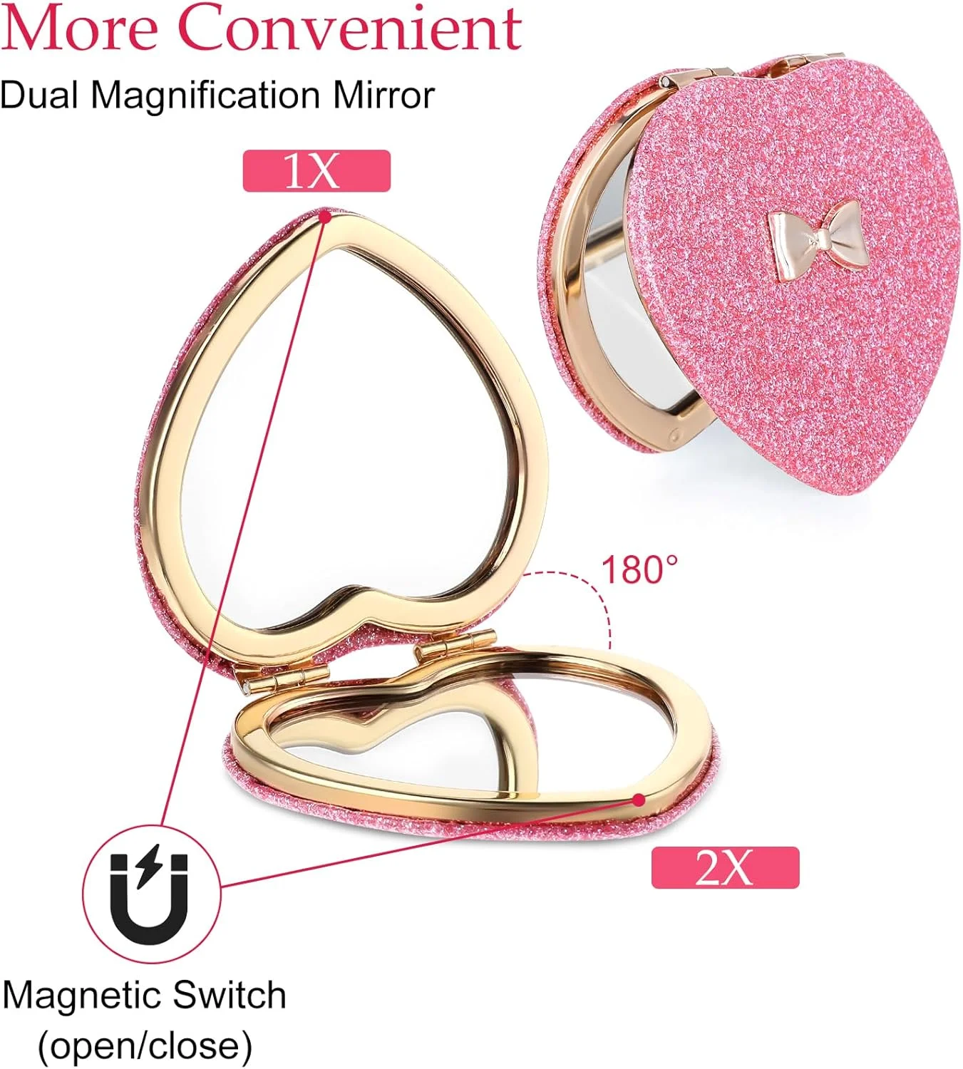 آینه جیبی قلبی، آینه دو طرفه صورتی، آینه تاشو مغناطیسی برای دختران، آینه جیبی بچه گانه، آینه جیبی فانتزی، آینه جیبی برای دختران، زنان، روز ولنتاین مناسب برای خانه و محل کار