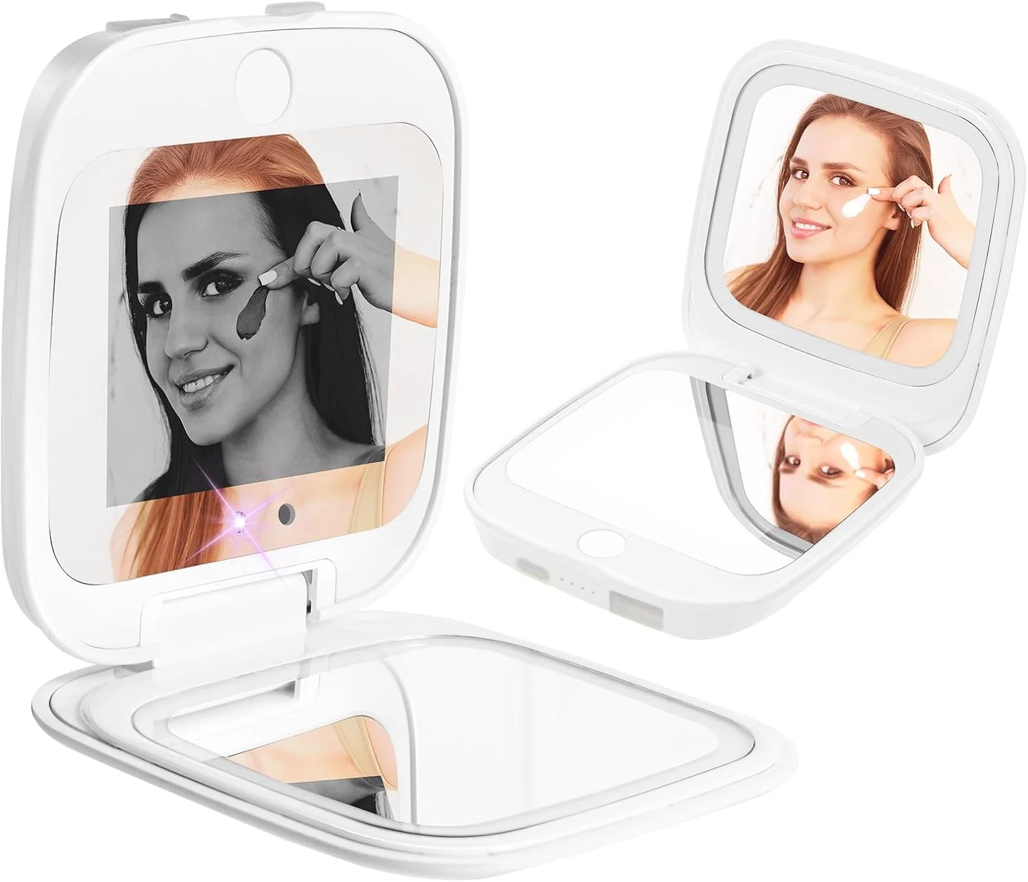 آینه دوربین UV HiPai برای تست ضد آفتاب و تشخیص SPF، آینه مسافرتی بزرگنمایی 1x/2x با چراغ های LED کم نور، آینه آرایشی دستی 2 طرفه قابل حمل برای کیف دستی/جیب، سفید