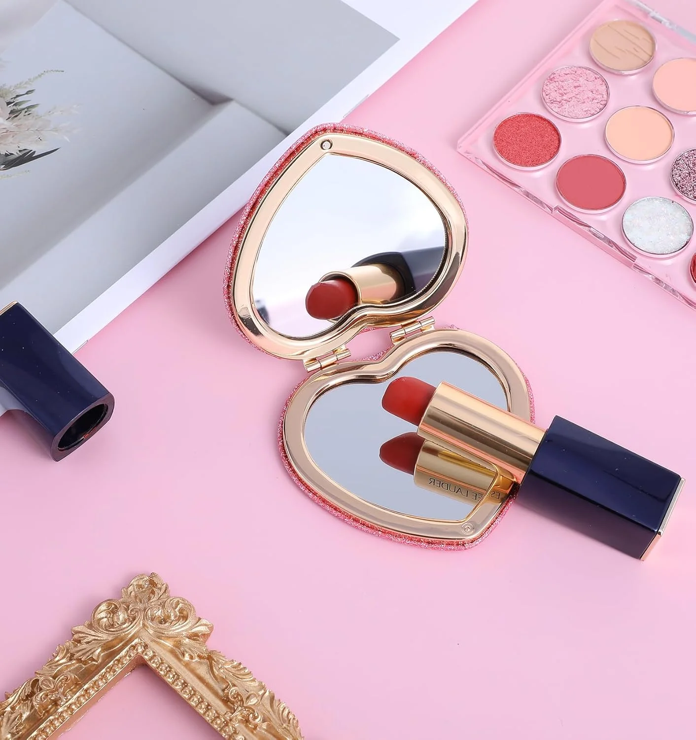 آینه جیبی قلبی، آینه دو طرفه صورتی، آینه تاشو مغناطیسی برای دختران، آینه جیبی بچه گانه، آینه جیبی فانتزی، آینه جیبی برای دختران، زنان، روز ولنتاین مناسب برای خانه و محل کار