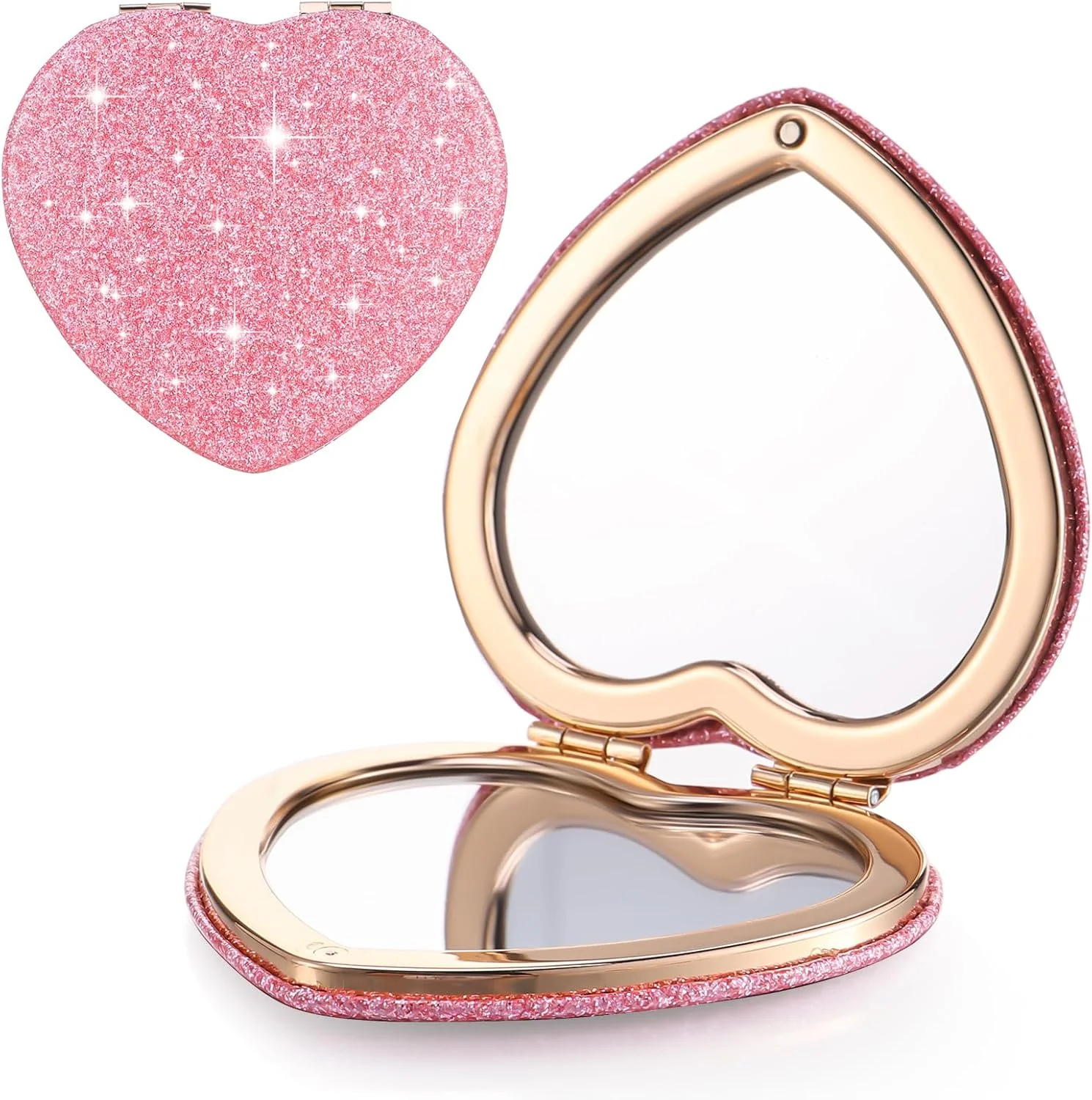 آینه جیبی قلبی شکل، دو طرفه با بزرگنمایی 1X/2X، آینه آرایشی کوچک اکلیلی، آینه آرایشی مسافرتی قابل حمل برای کیف دستی، آینه جیبی زیبا برای زنان، هدیه برای روز ولنتاین