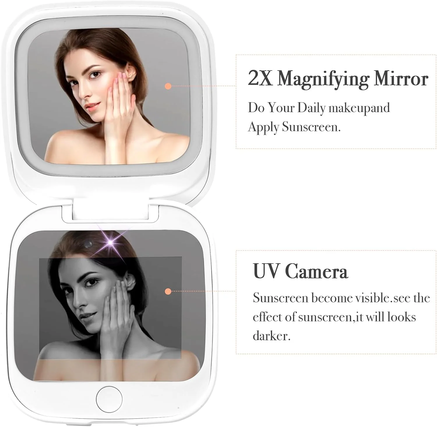 آینه دوربین UV HiPai برای تست ضد آفتاب و تشخیص SPF، آینه مسافرتی بزرگنمایی 1x/2x با چراغ های LED کم نور، آینه آرایشی دستی 2 طرفه قابل حمل برای کیف دستی/جیب، سفید