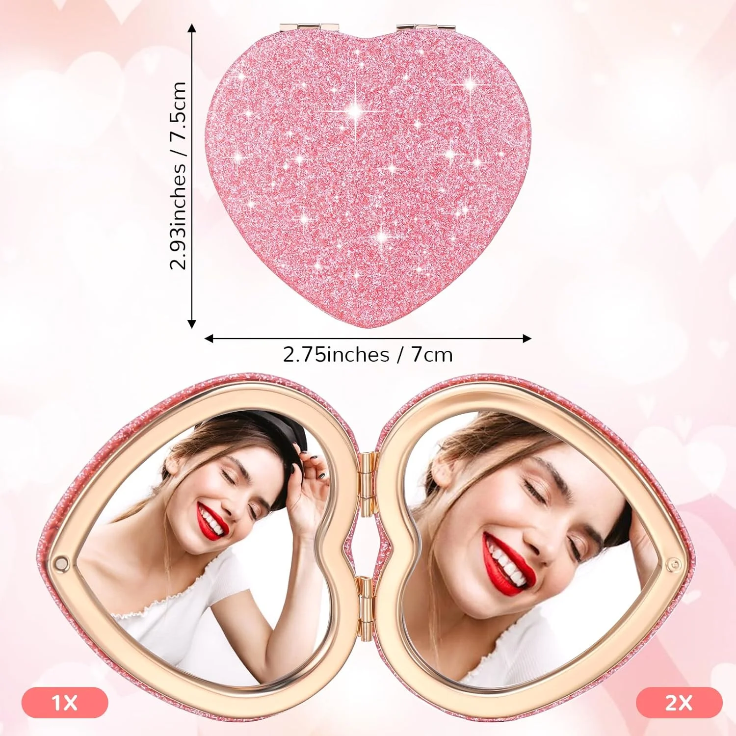 آینه جیبی قلبی شکل، دو طرفه با بزرگنمایی 1X/2X، آینه آرایشی کوچک اکلیلی، آینه آرایشی مسافرتی قابل حمل برای کیف دستی، آینه جیبی زیبا برای زنان، هدیه برای روز ولنتاین