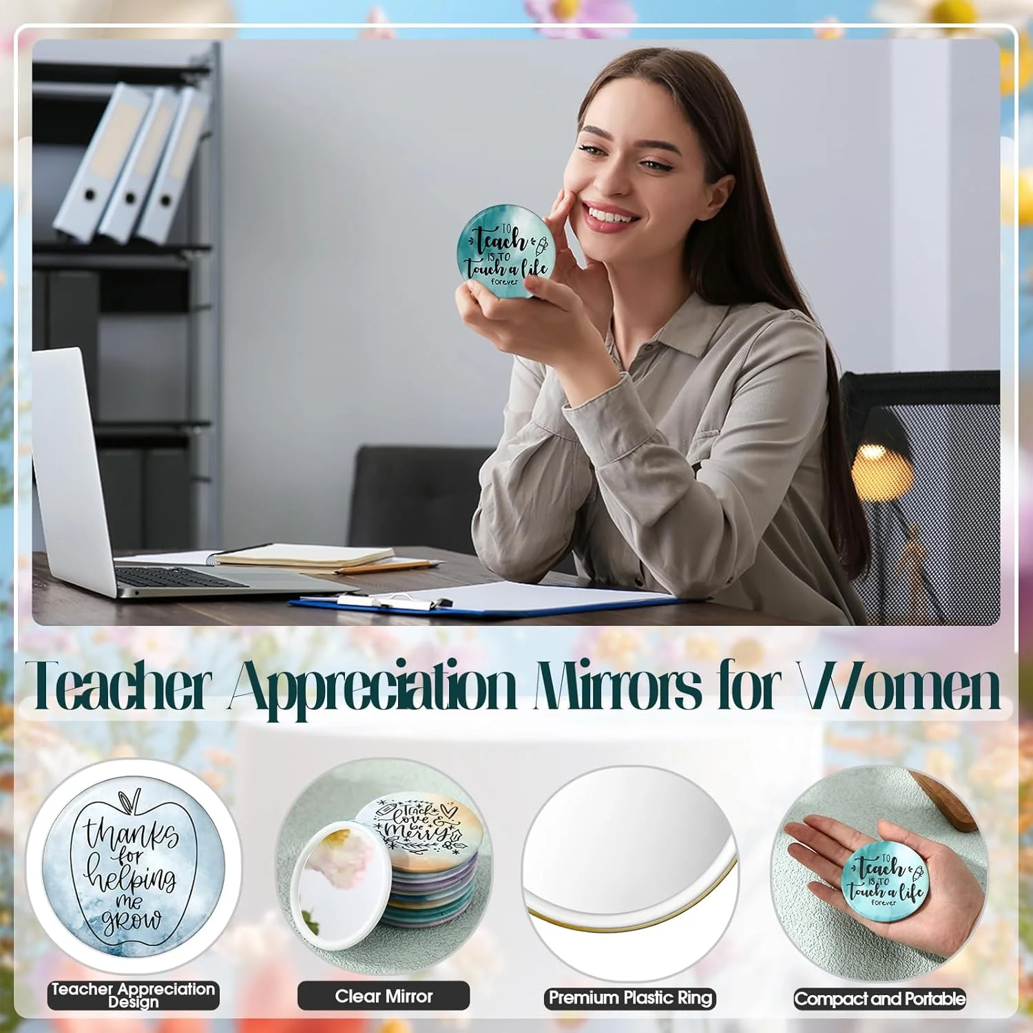 آینه های جیبی کوچک Hollowfly، بسته 12 عددی، هدیه تقدیر از معلم، آینه های فشرده کوچک، الهام بخش، هدیه تشکر، قابل حمل، کوچک، هدیه فارغ التحصیلی پایان سال برای گروه معلمان و بانوان