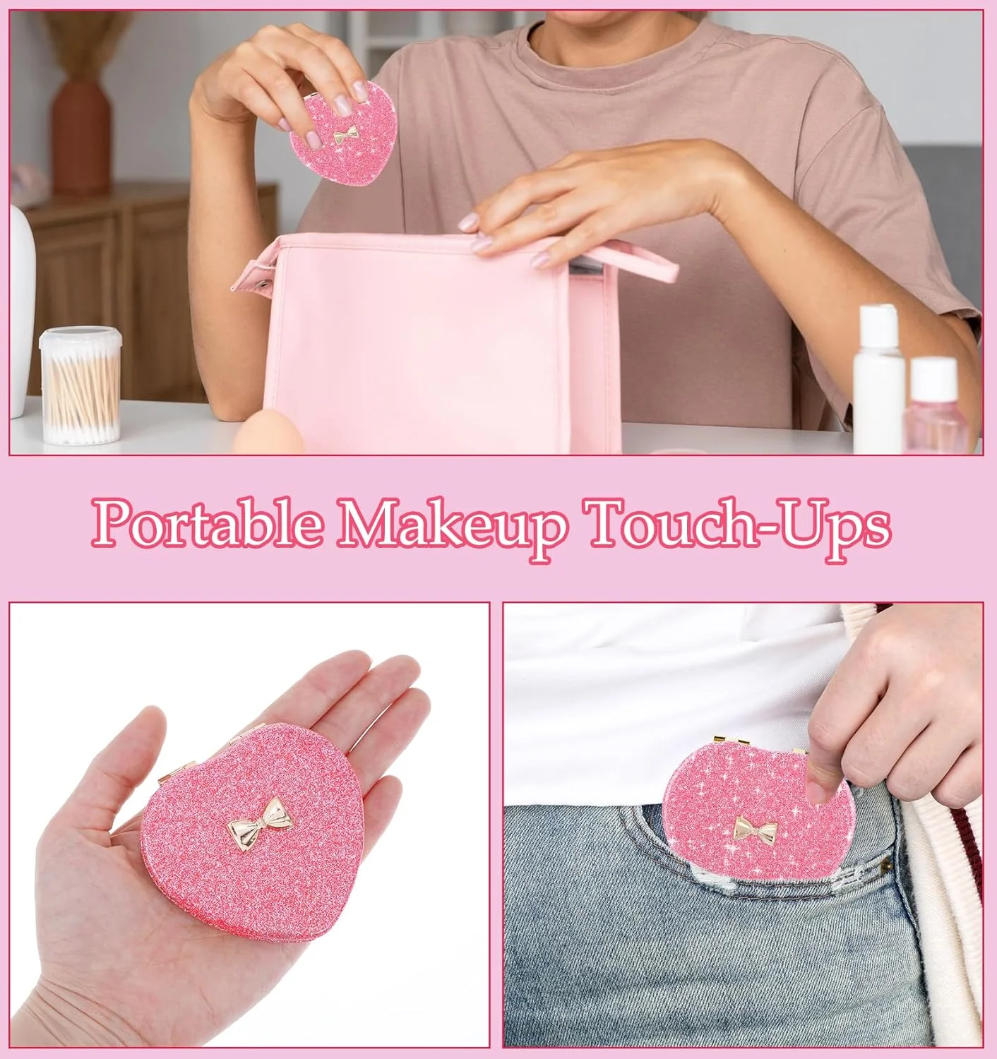 آینه جیبی قلبی، آینه دو طرفه صورتی، آینه تاشو مغناطیسی برای دختران، آینه جیبی بچه گانه، آینه جیبی فانتزی، آینه جیبی برای دختران، زنان، روز ولنتاین مناسب برای خانه و محل کار