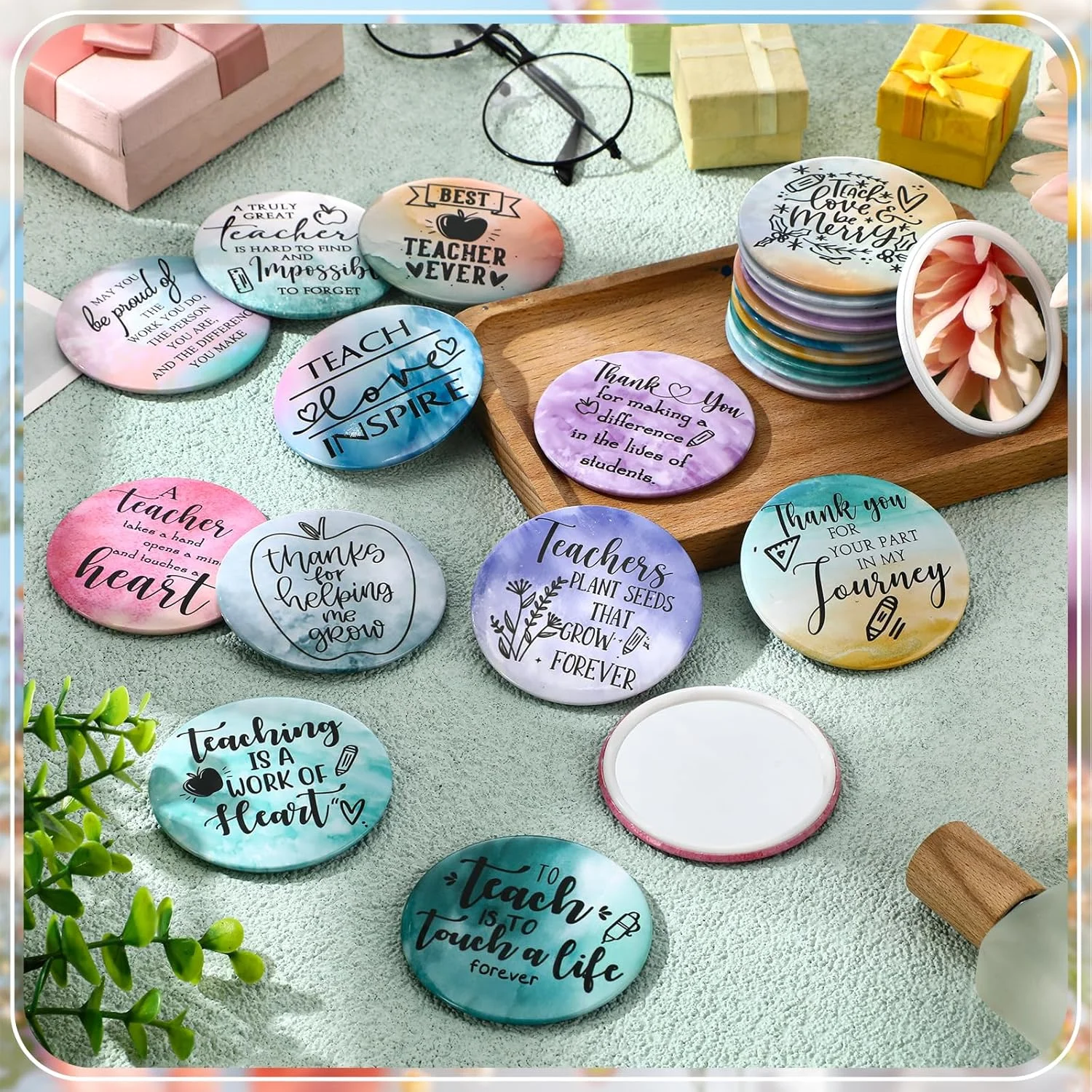 آینه های جیبی کوچک Hollowfly، بسته 12 عددی، هدیه تقدیر از معلم، آینه های فشرده کوچک، الهام بخش، هدیه تشکر، قابل حمل، کوچک، هدیه فارغ التحصیلی پایان سال برای گروه معلمان و بانوان