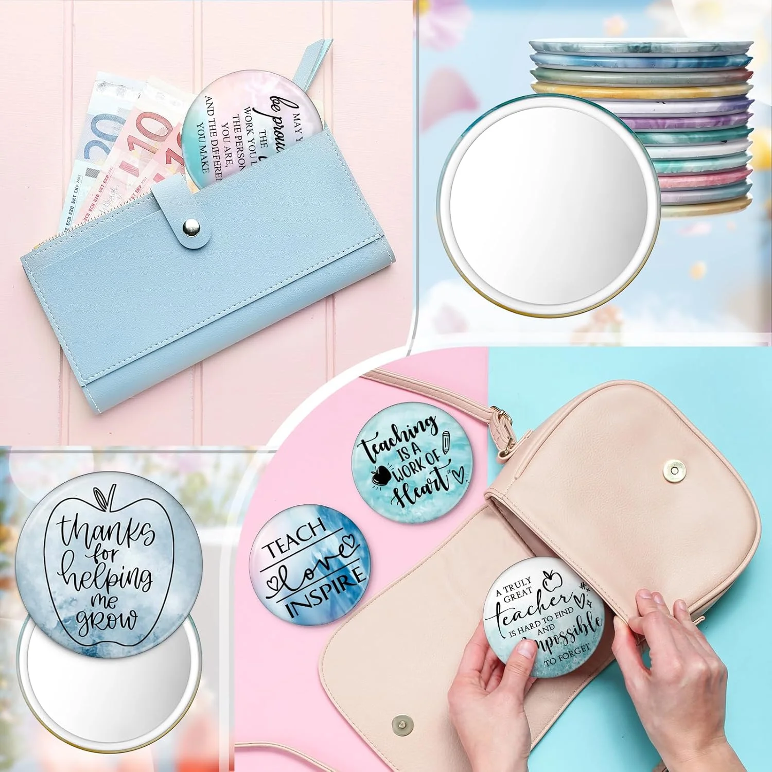 آینه های جیبی کوچک Hollowfly، بسته 12 عددی، هدیه تقدیر از معلم، آینه های فشرده کوچک، الهام بخش، هدیه تشکر، قابل حمل، کوچک، هدیه فارغ التحصیلی پایان سال برای گروه معلمان و بانوان