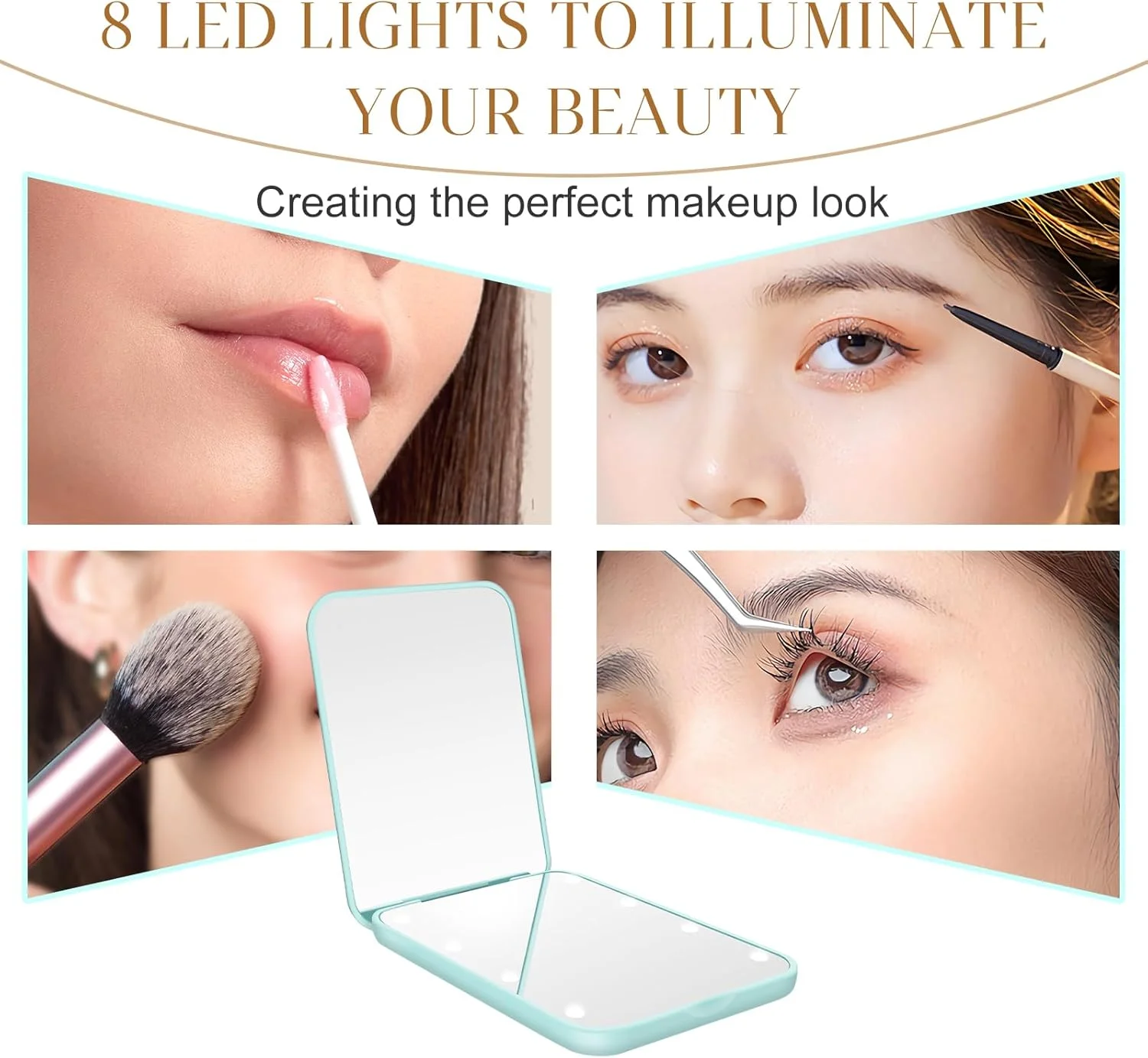 Kakuje Compact Mirror with Light, 1X/2X Magnification LED Pocket Mirror with USB Data Cable, Mint Green Mini Mirror for Purse, Pocket,Travel and Gift