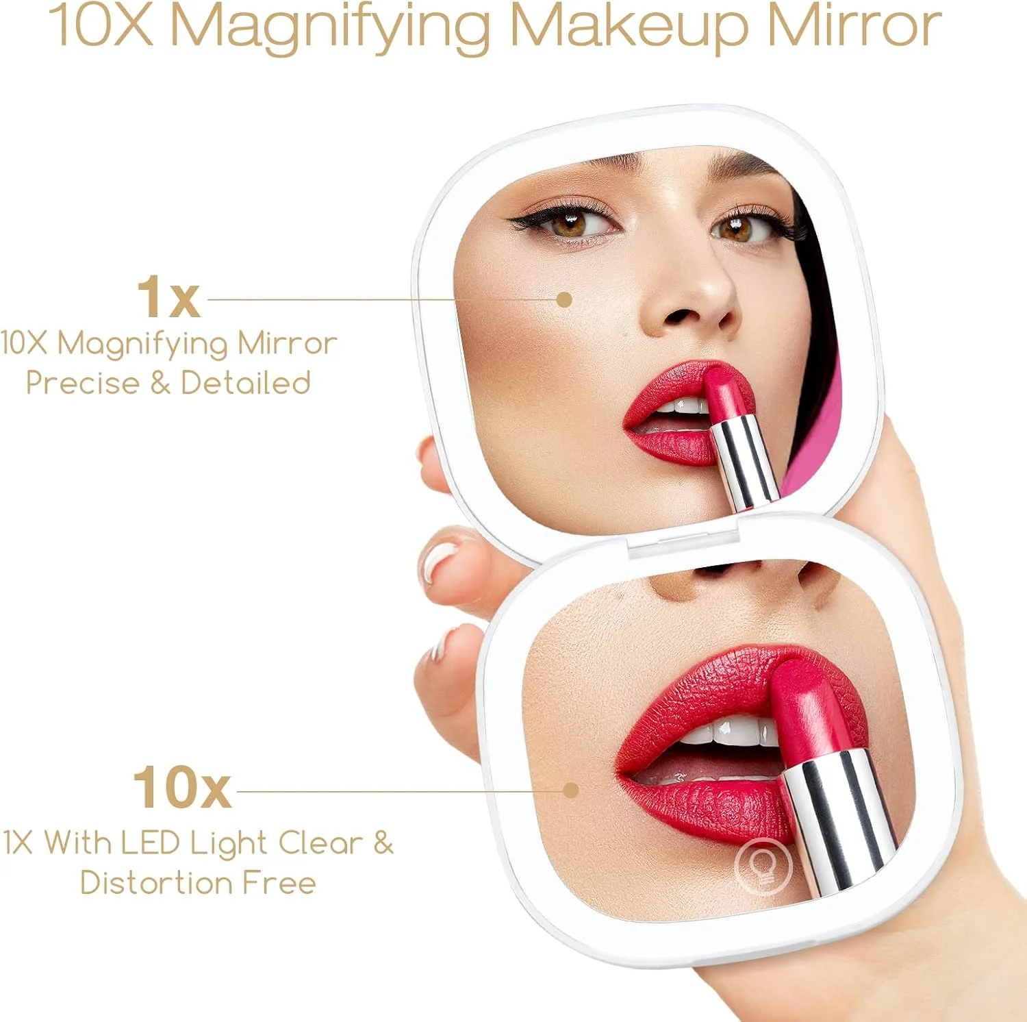 JTOOYS LED Compact Mirror with Magnification 1×/10×, Portable Small Cosmetic Mirror USB Rechargeable Hand Mirror with Dimmable Mini Folding Travel Mirror Compact Mirror for Handbags, Square - White