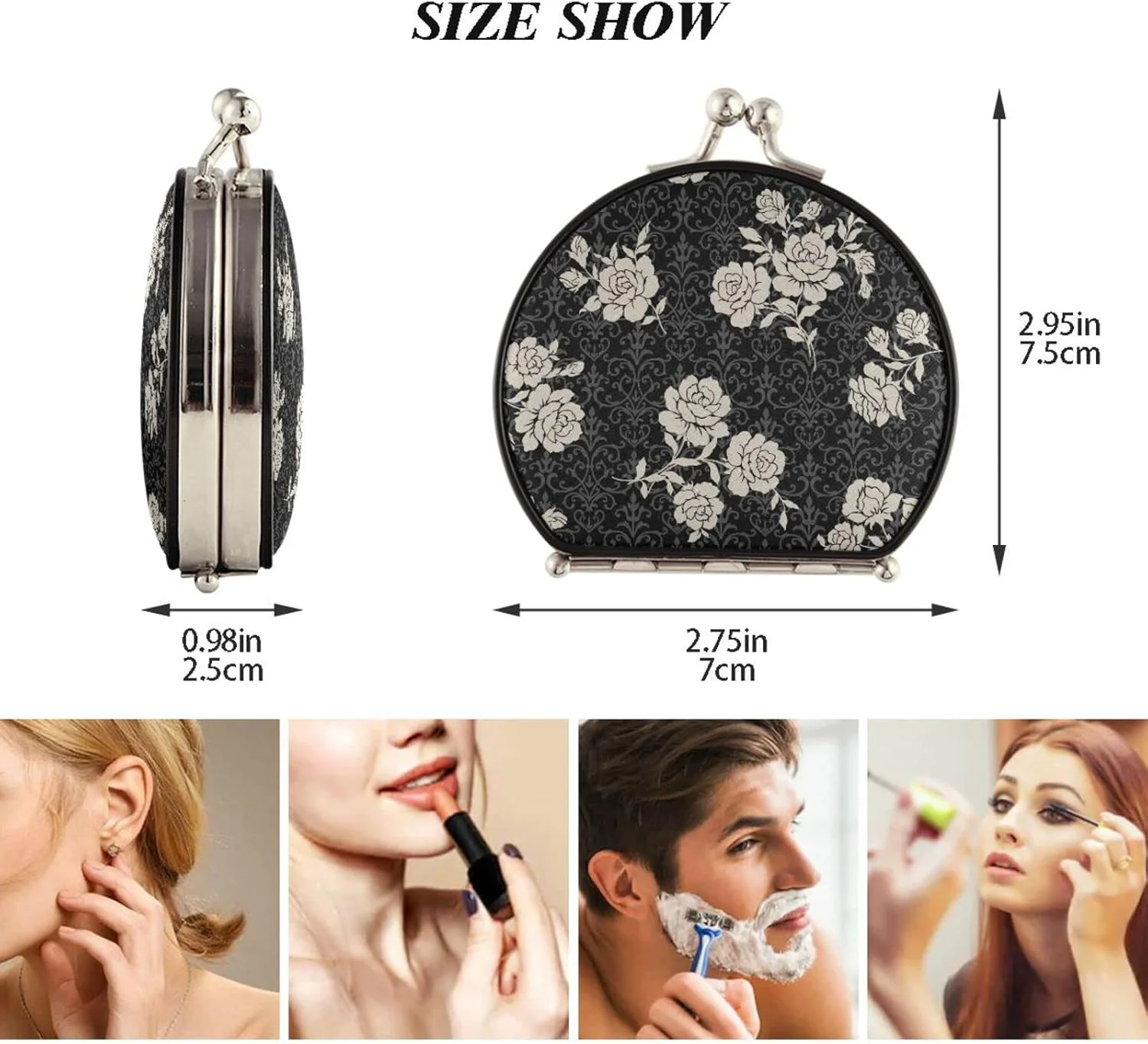 JHKKU Vintage Rose Flower Portable Folding Travel Makeup Mirror Small Compact Double Sided Mirror Magnifying Mirror Handheld Mirror