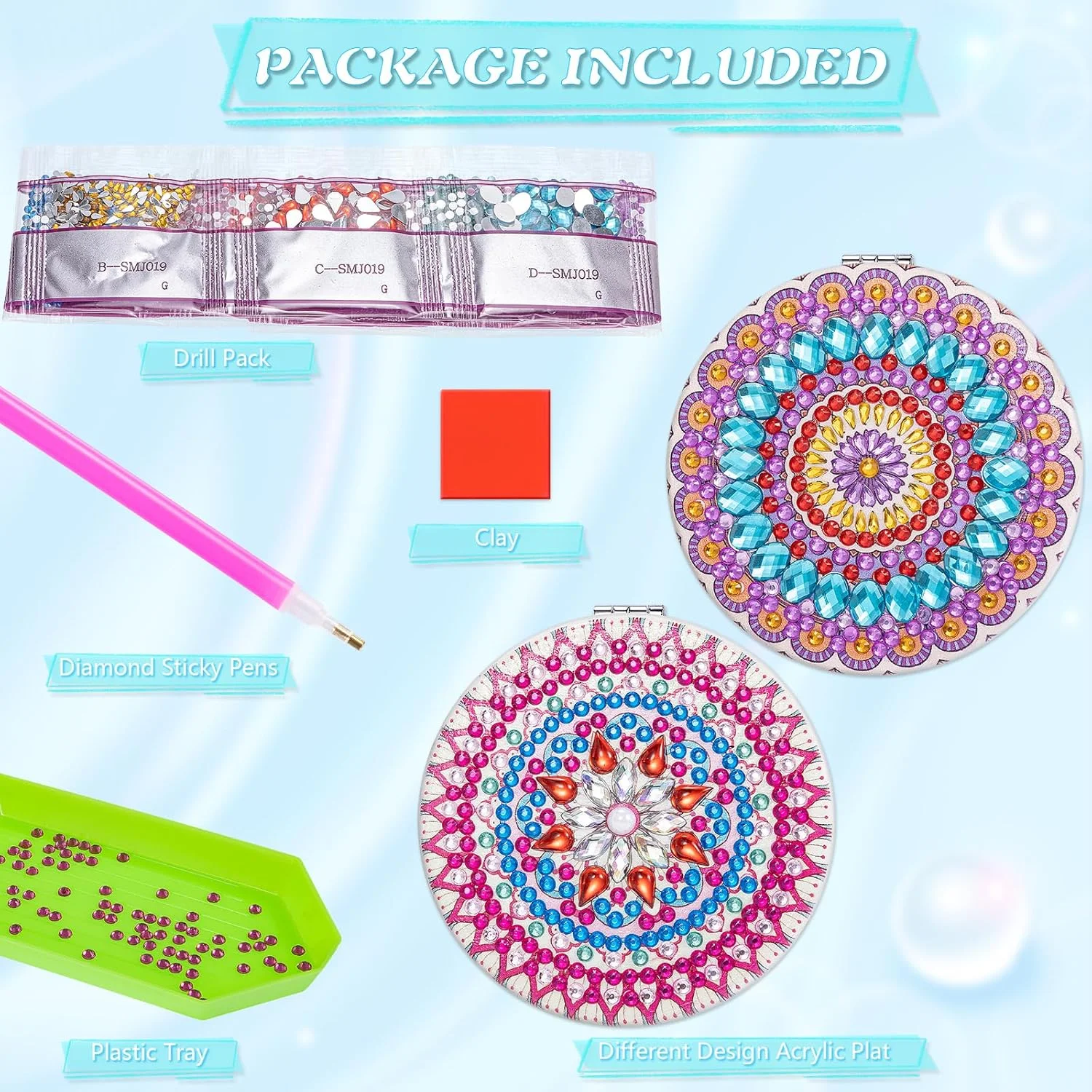 آینه های آرایشی الماس نقاشی ماندالا JSRQT، 2 عددی، آینه های دو طرفه با طرح الماس کامل، آینه های جیبی مسافرتی نقاشی الماس 5D برای زنان و دختران