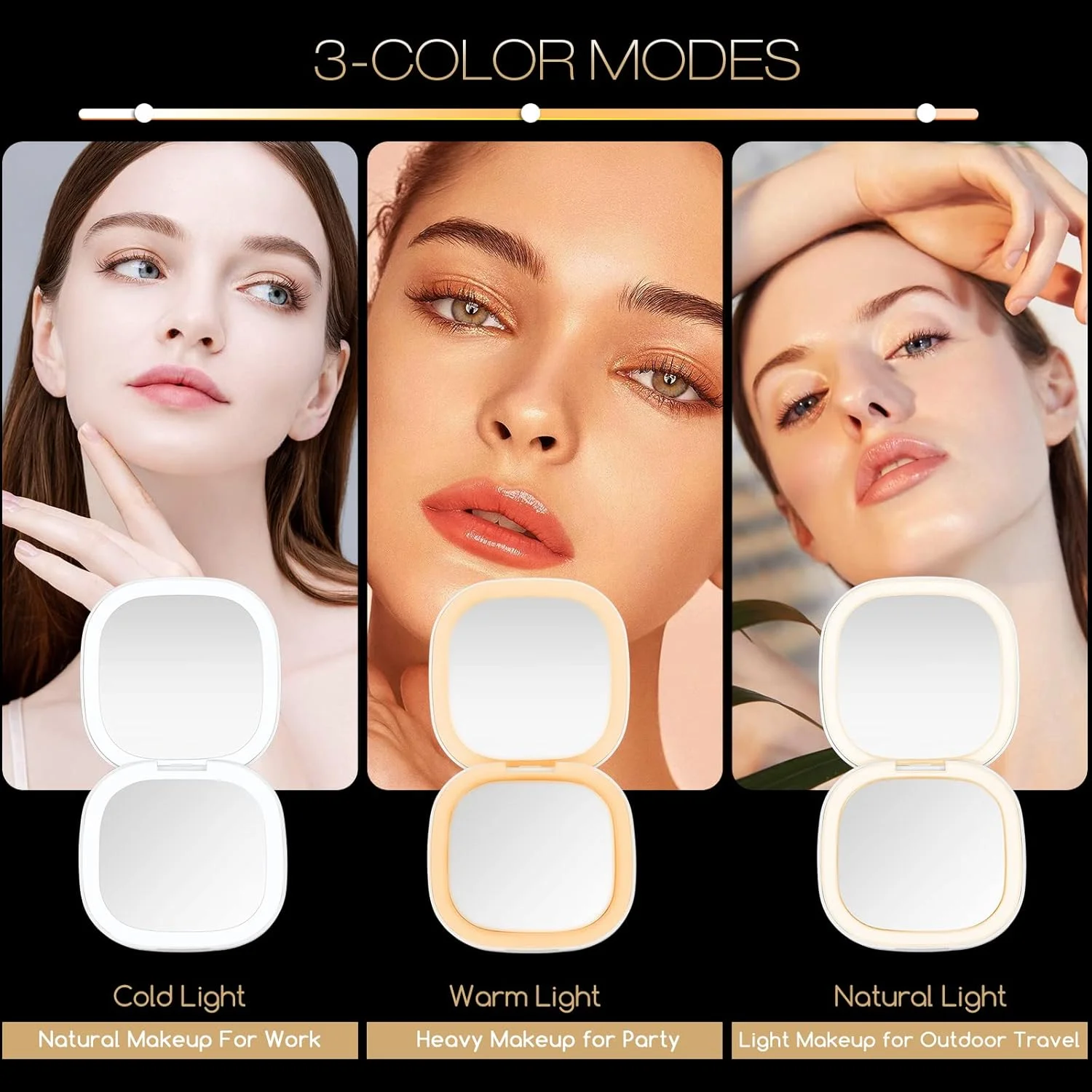 JTOOYS LED Compact Mirror with Magnification 1×/10×, Portable Small Cosmetic Mirror USB Rechargeable Hand Mirror with Dimmable Mini Folding Travel Mirror Compact Mirror for Handbags, Square - White