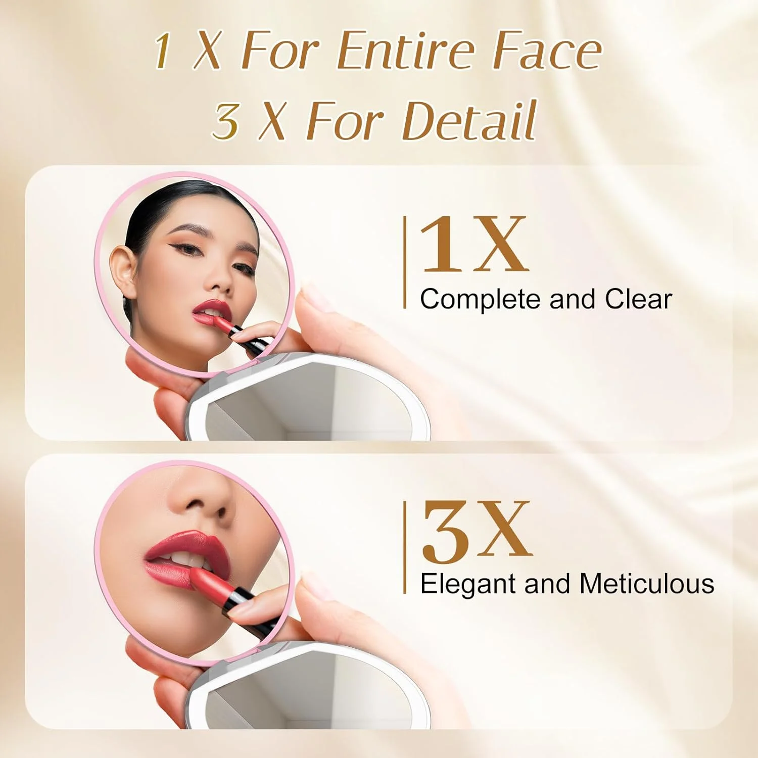 آینه جیبی کوچک Kakuje با نور، آینه LED با بزرگنمایی 1X/3X به همراه کابل USB، آینه کوچک برای کیف پول، جیب، مسافرت و هدیه (صورتی)