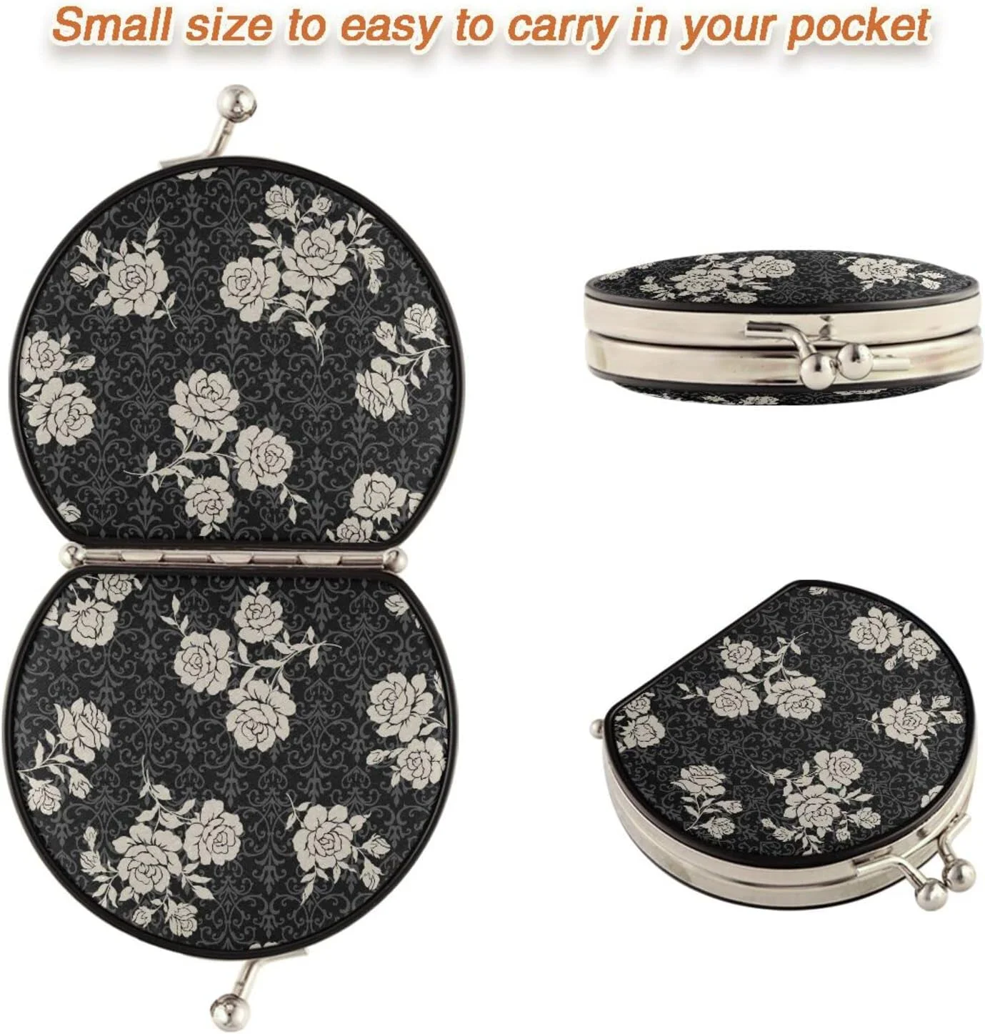 JHKKU Vintage Rose Flower Portable Folding Travel Makeup Mirror Small Compact Double Sided Mirror Magnifying Mirror Handheld Mirror