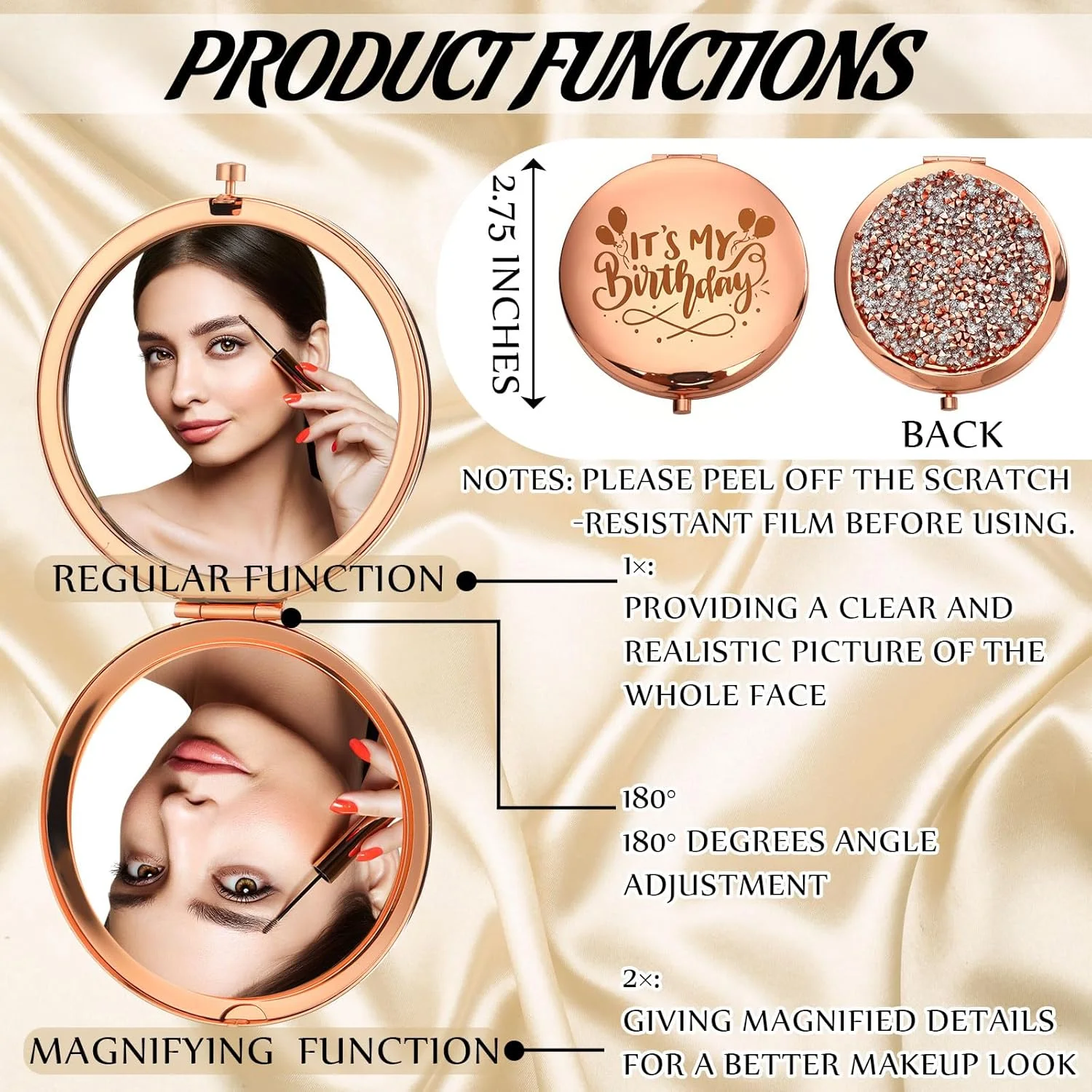 آینه جیبی تاشو جینگمور، ست هدیه تولد 6 عددی برای دختران و زنان، آینه کوچک آرایشی برای کیف دستی، مناسب مهمانی تولد (رزگلد)