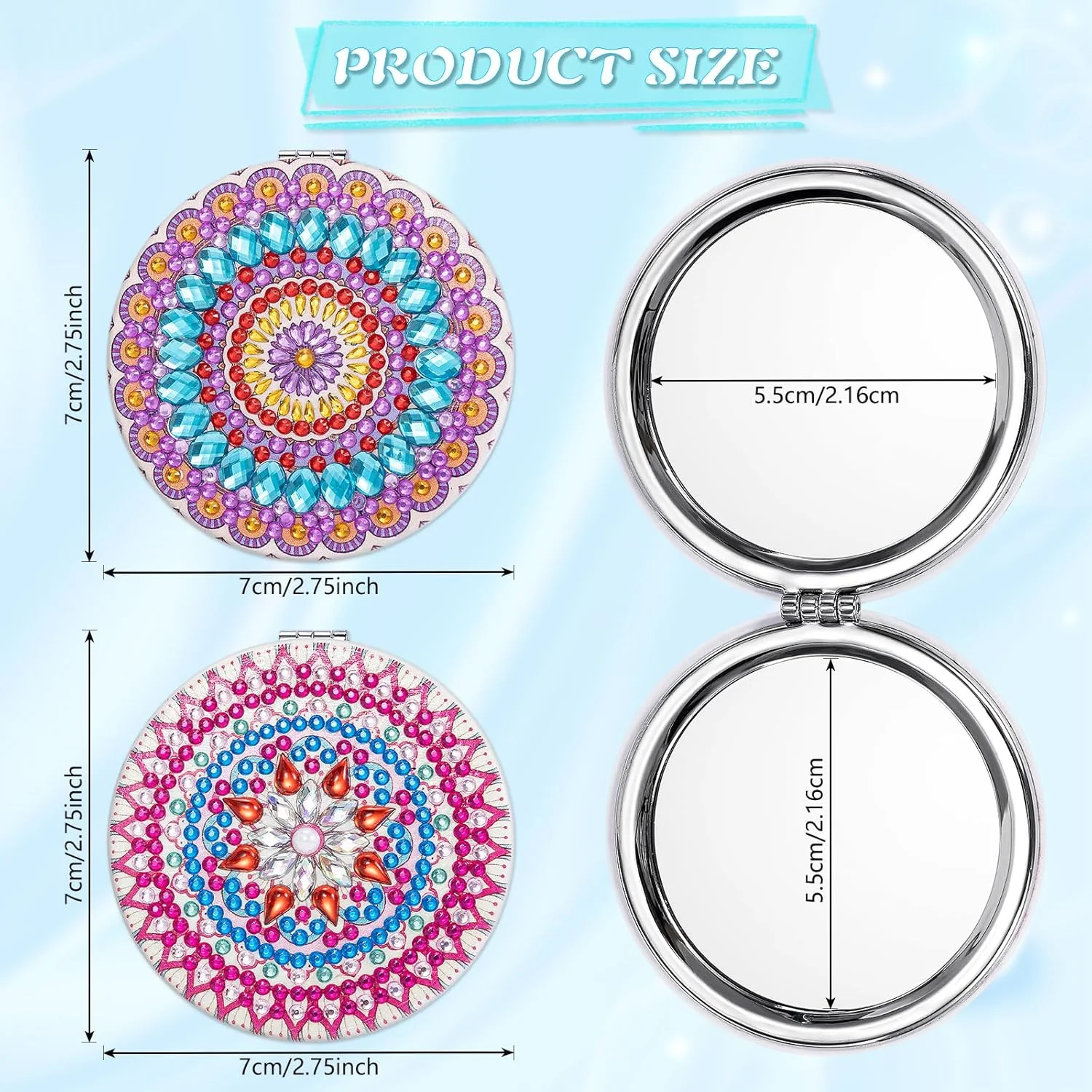 آینه های آرایشی الماس نقاشی ماندالا JSRQT، 2 عددی، آینه های دو طرفه با طرح الماس کامل، آینه های جیبی مسافرتی نقاشی الماس 5D برای زنان و دختران