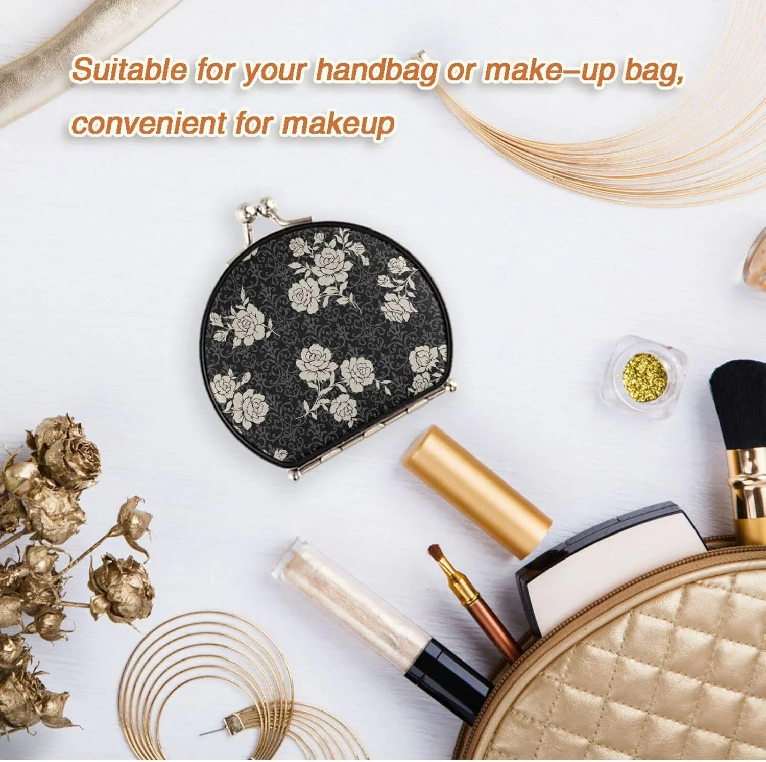 JHKKU Vintage Rose Flower Portable Folding Travel Makeup Mirror Small Compact Double Sided Mirror Magnifying Mirror Handheld Mirror