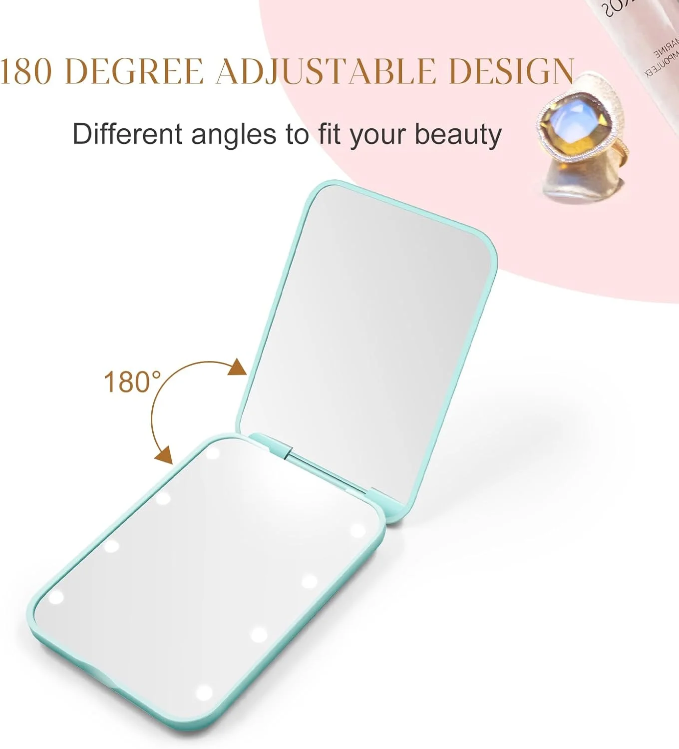 Kakuje Compact Mirror with Light, 1X/2X Magnification LED Pocket Mirror with USB Data Cable, Mint Green Mini Mirror for Purse, Pocket,Travel and Gift