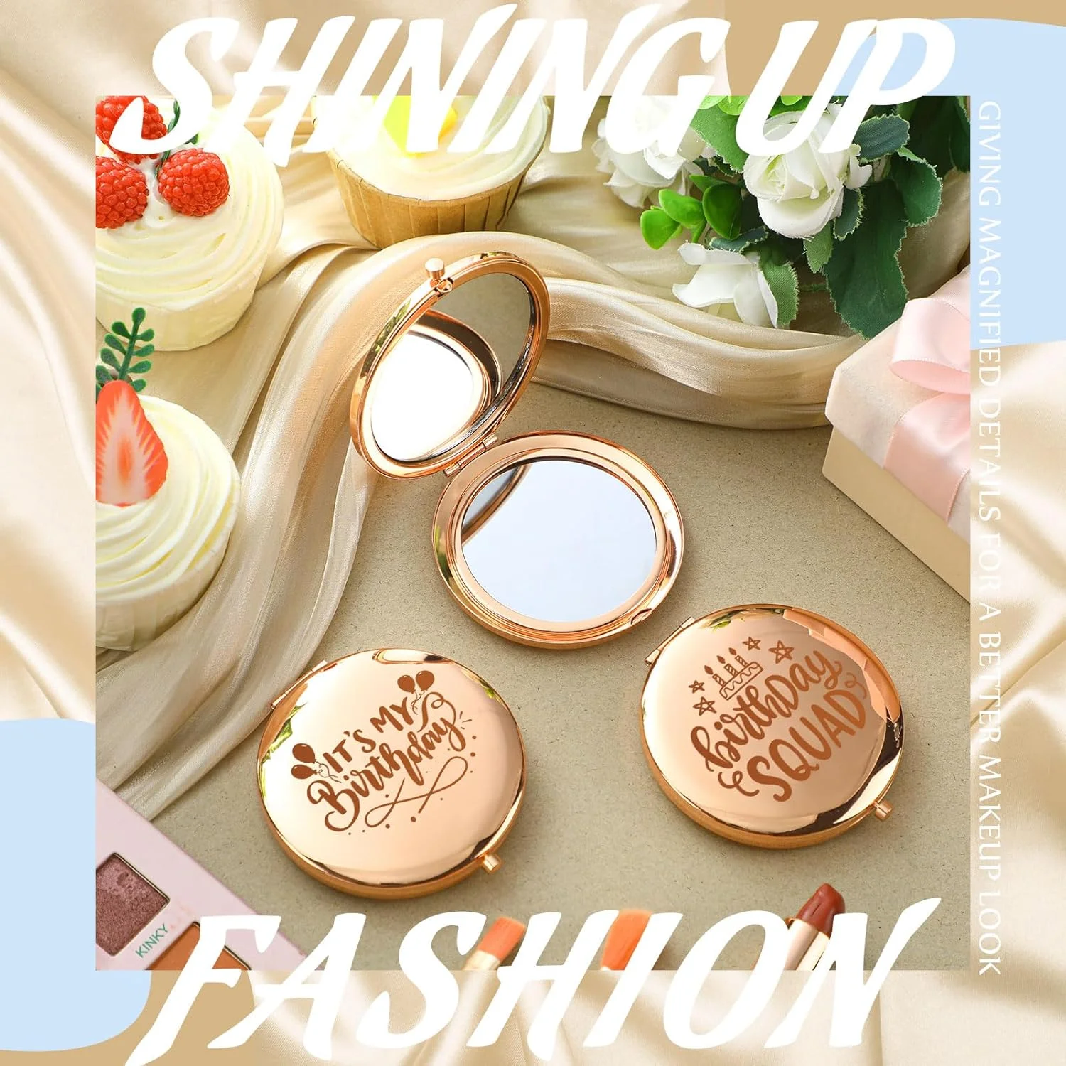 آینه جیبی تاشو جینگمور، ست هدیه تولد 6 عددی برای دختران و زنان، آینه کوچک آرایشی برای کیف دستی، مناسب مهمانی تولد (رزگلد)