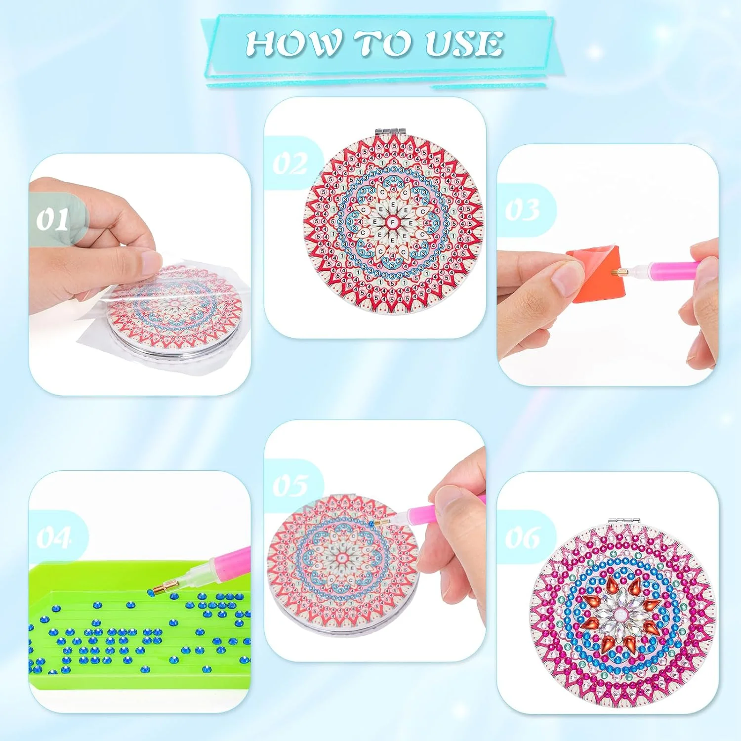 آینه های آرایشی الماس نقاشی ماندالا JSRQT، 2 عددی، آینه های دو طرفه با طرح الماس کامل، آینه های جیبی مسافرتی نقاشی الماس 5D برای زنان و دختران