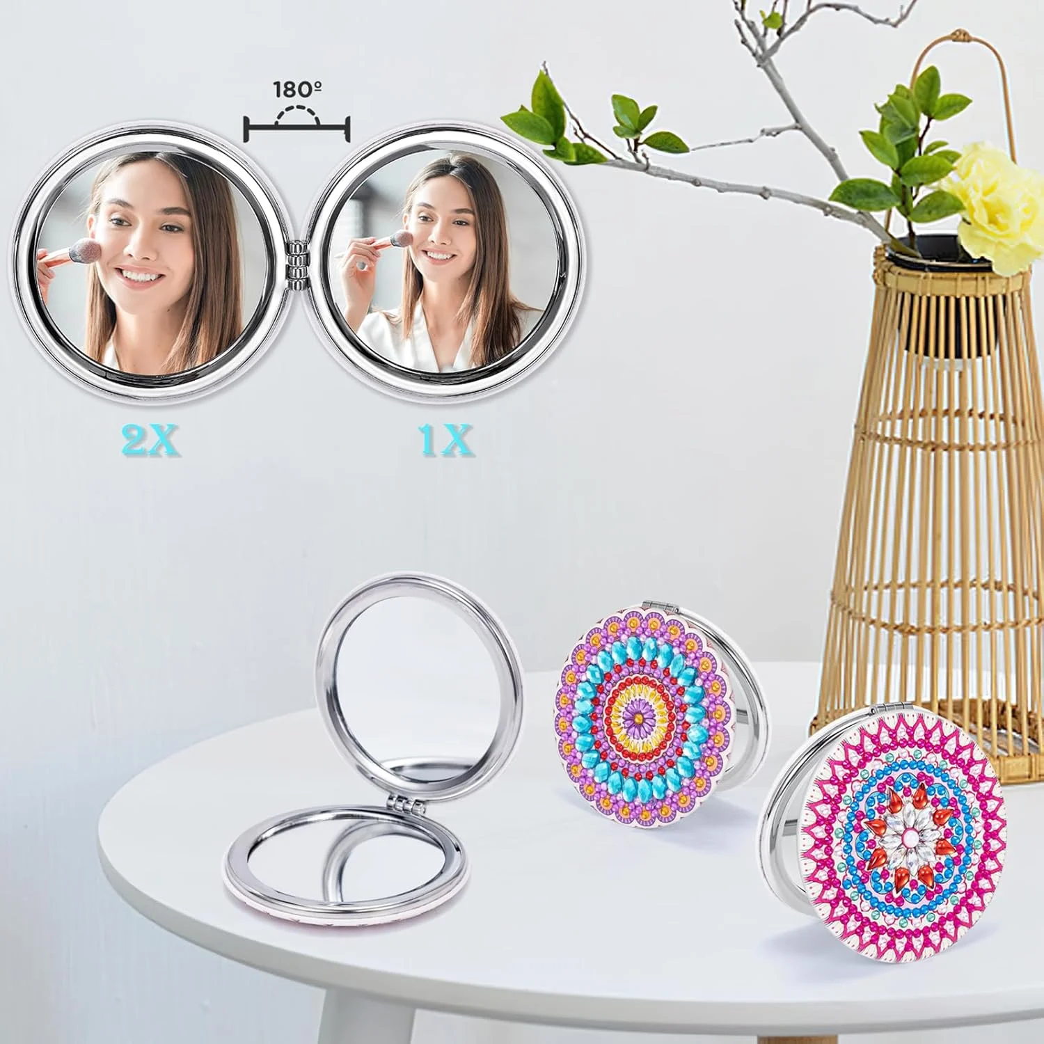 آینه های آرایشی الماس نقاشی ماندالا JSRQT، 2 عددی، آینه های دو طرفه با طرح الماس کامل، آینه های جیبی مسافرتی نقاشی الماس 5D برای زنان و دختران