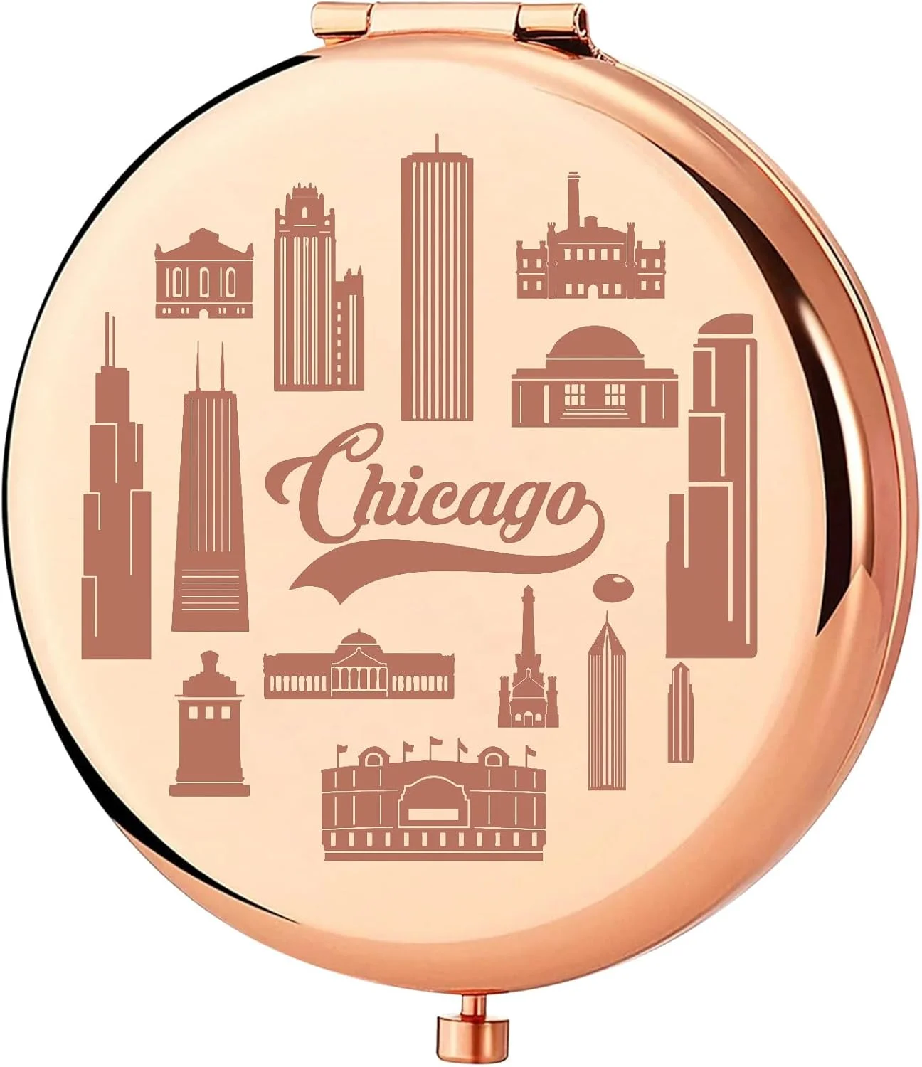 آینه جیبی سفری KEYCHIN شیکاگو ایلینوی، سوغاتی شیکاگو، آینه آرایشی جمع و جور، هدیه سفر دخترانه شیکاگو (Chicago-RG)