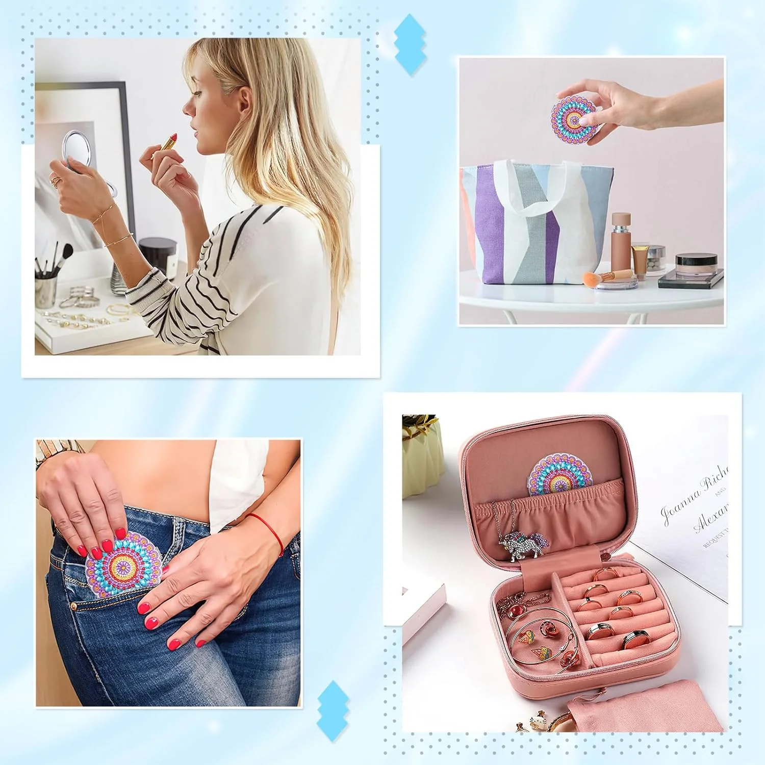 آینه های آرایشی الماس نقاشی ماندالا JSRQT، 2 عددی، آینه های دو طرفه با طرح الماس کامل، آینه های جیبی مسافرتی نقاشی الماس 5D برای زنان و دختران