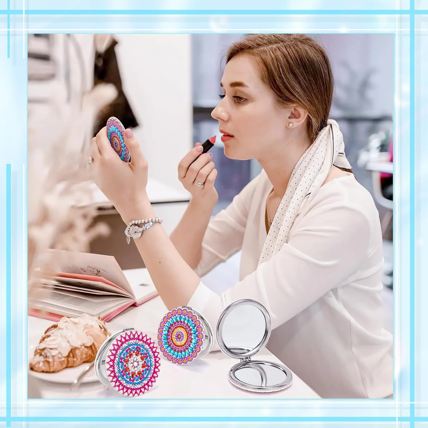 آینه های آرایشی الماس نقاشی ماندالا JSRQT، 2 عددی، آینه های دو طرفه با طرح الماس کامل، آینه های جیبی مسافرتی نقاشی الماس 5D برای زنان و دختران