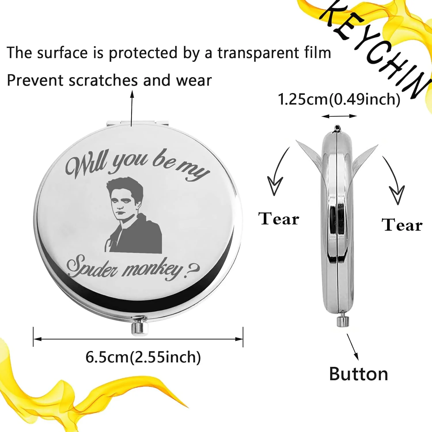 آینه جیبی فیلم گرگ و میش KEYCHIN، هدیه ای برای طرفداران ادوارد و بلا در گرگ و میش، آینه جمع و جور "آیا می خواهی میمون عنکبوتی من باشی" برای زنان، دختران و نوجوانان (میمون عنکبوتی-S)