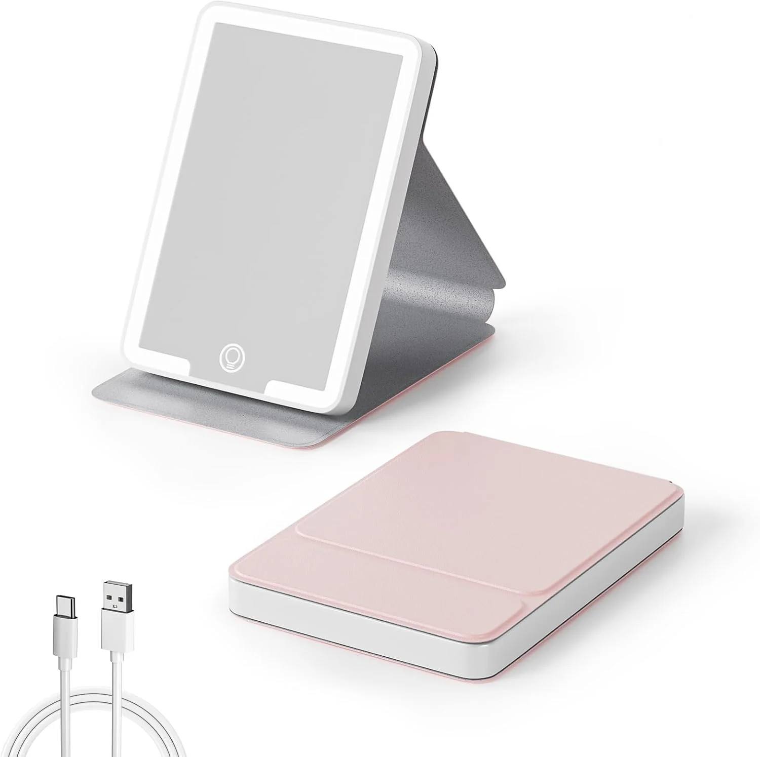 آینه آرایشی LED قابل حمل Kintion، آینه تاشو شارژی، 3 حالت رنگی، آینه کوچک کیف دستی برای زنان، هدیه، صورتی