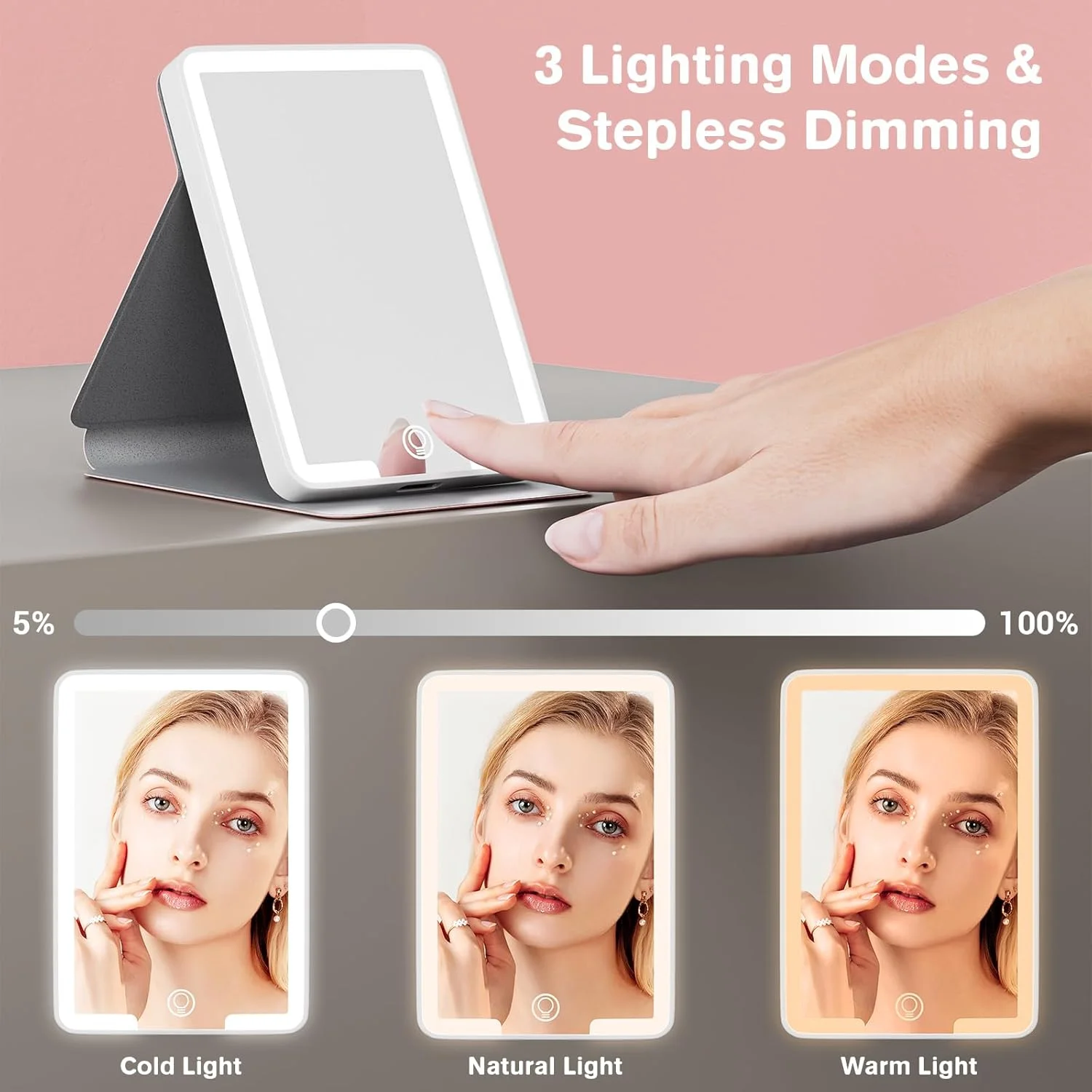 آینه آرایشی LED قابل حمل Kintion، آینه تاشو شارژی، 3 حالت رنگی، آینه کوچک کیف دستی برای زنان، هدیه، صورتی آینه آرایشی LED قابل حمل Kintion، آینه تاشو شارژی، 3 حالت رنگی، آینه کوچک کیف دستی برای زنان، هدیه، صورتی