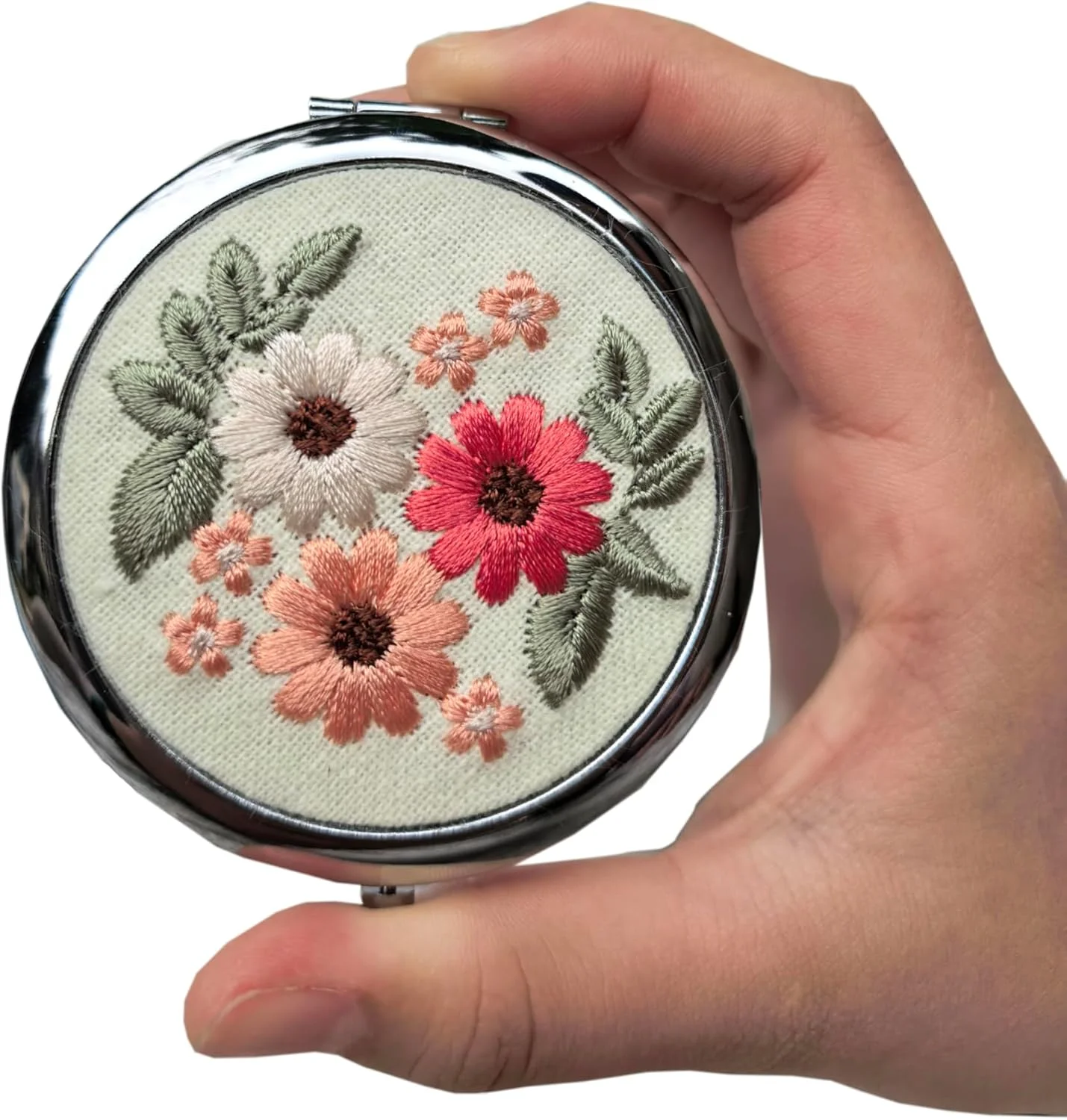 آینه جیبی فشرده لیماندی طرح گل دیزی، آینه کیف پول گلدوزی شده دو طرفه با بزرگنمایی 1x/2x، آینه آرایشی تاشو، هدیه ساقدوش عروس، هدیه جشن عروسی L1 (گل دیزی)