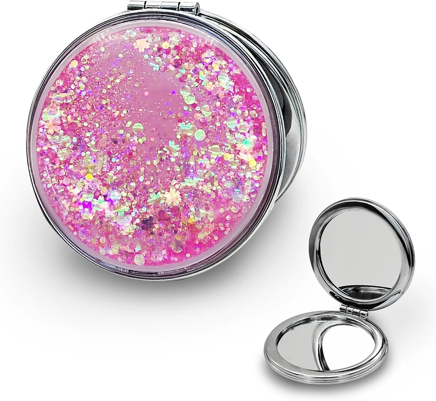 آینه جیبی فشرده LuckyOpt، آینه فلزی گرد با شن روان با بزرگنمایی 1X/2X، هدیه ای برای دختران و زنان (صورتی)