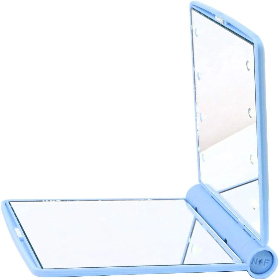 LED Lighted Travel Makeup Mirror,Compact Mirror with1x/2x Magnification, Dual Sided Vanity Mirror with Lights Portable Illuminated Folding Tabletop Cosmetic Mirror,Handheld Pocket Bag Mirror (Blue)