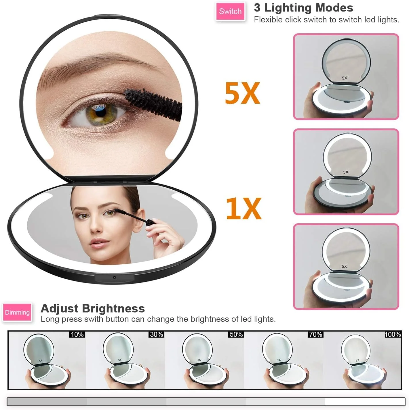 آینه آرایشی مسافرتی تاشو LED لامسه، آینه دو طرفه با چراغ، آینه رومیزی تاشو قابل حمل و جمع و جور، آینه جیبی دستی با بزرگنمایی 1x/5x