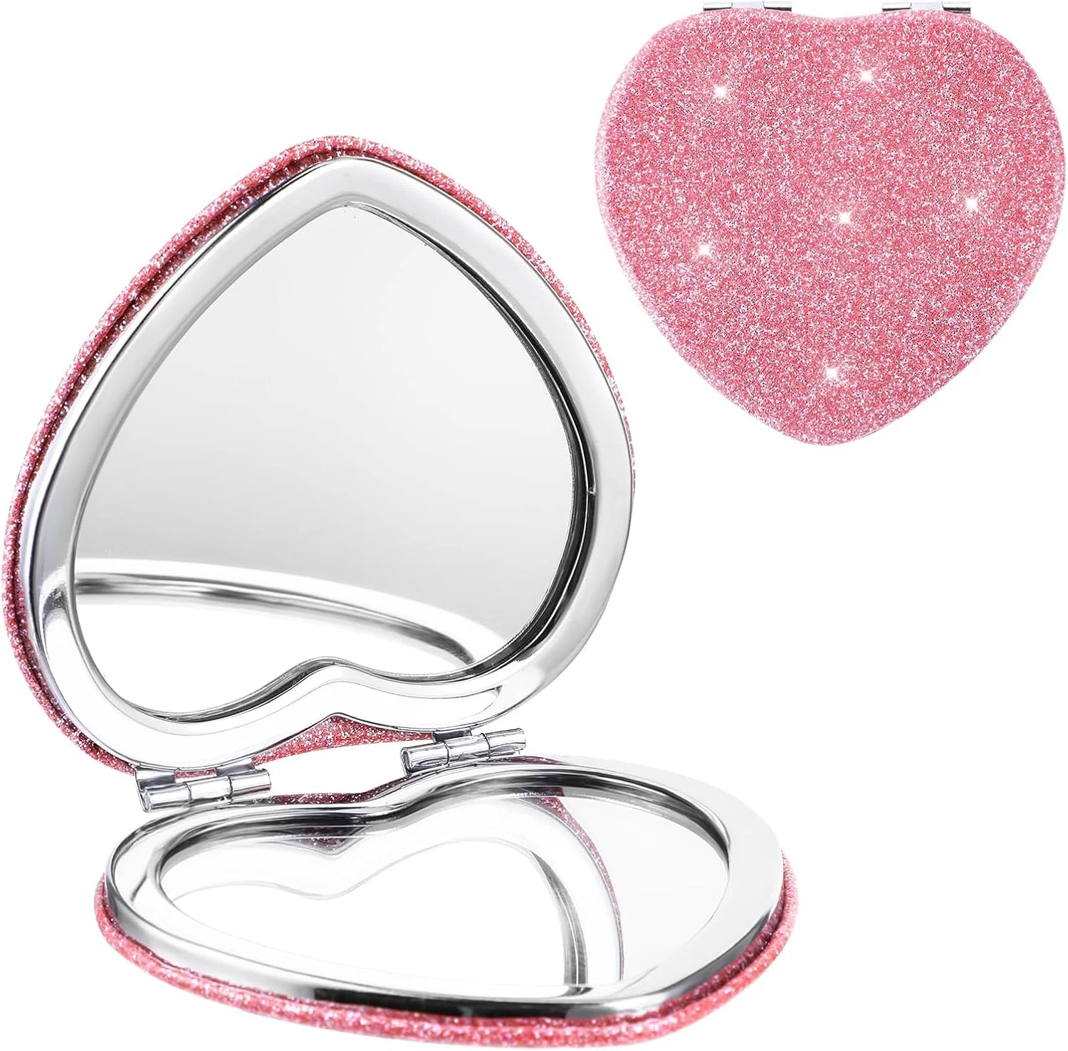 آینه جیبی تاشو قلبی شکل Mabor، آینه دو طرفه قابل حمل با بزرگنمایی 1x/2x، آینه کوچک و فانتزی برای کیف دستی، کیف پول، منزل و محل کار (صورتی)