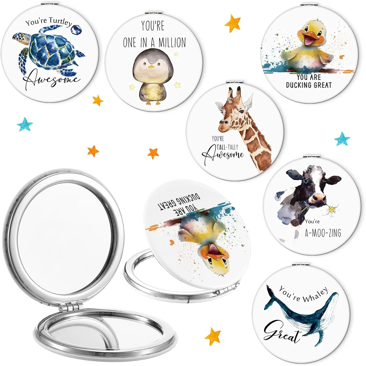 آینه های جیبی فشرده طرح دار لینووسن، بسته 6 عددی، هدیه تشکر برای زنان، طرح لاک پشت و اردک، آینه آرایشی کوچک الهام بخش برای قدردانی از معلمان، مسافرت، بزرگنمایی، مناسب همکاران، کارمندان، پرستاران، هدیه اداری و تجاری