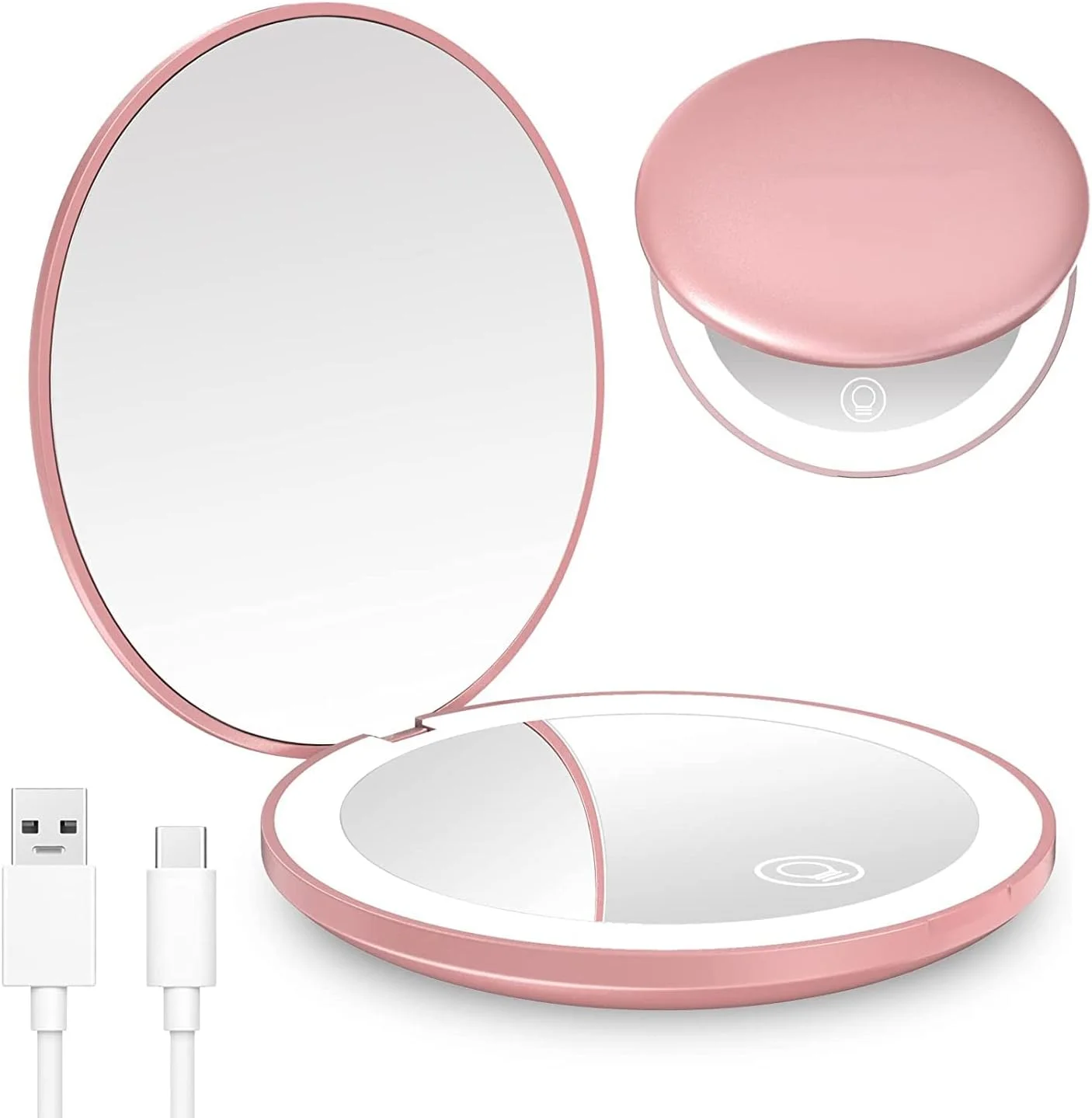 آینه آرایشی LED تاشو، دو طرفه، با بزرگنمایی 1x/10x، مناسب سفر، قابل حمل، گرد، با نور LED و شارژی (صورتی)