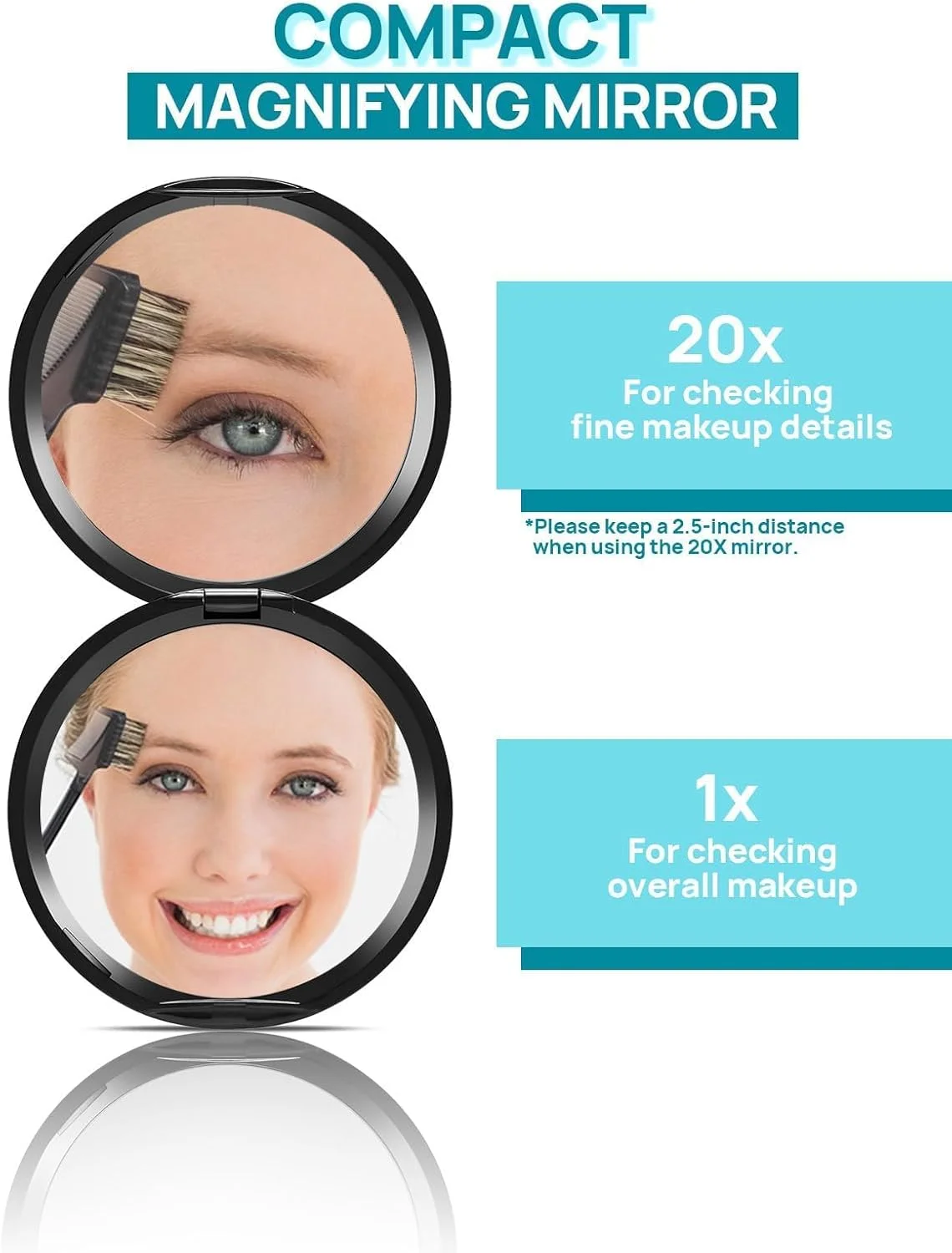آینه جیبی ماکاکی، آینه بزرگنمایی 1X/20X، آینه کوچک 3 اینچی برای مسافرت و آرایش، گرد مشکی آینه جیبی ماکاکی، آینه بزرگنمایی 1X/20X، آینه کوچک 3 اینچی برای مسافرت و آرایش، گرد مشکی