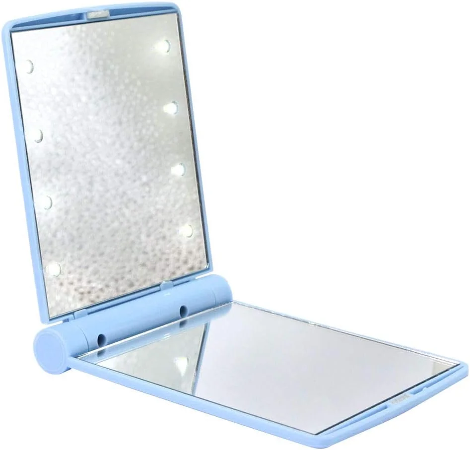 LED Lighted Travel Makeup Mirror,Compact Mirror with1x/2x Magnification, Dual Sided Vanity Mirror with Lights Portable Illuminated Folding Tabletop Cosmetic Mirror,Handheld Pocket Bag Mirror (Blue) LED Lighted Travel Makeup Mirror,Compact Mirror with1x/2x Magnification, Dual Sided Vanity Mirror with Lights Portable Illuminated Folding Tabletop Cosmetic Mirror,Handheld Pocket Bag Mirror (Blue)