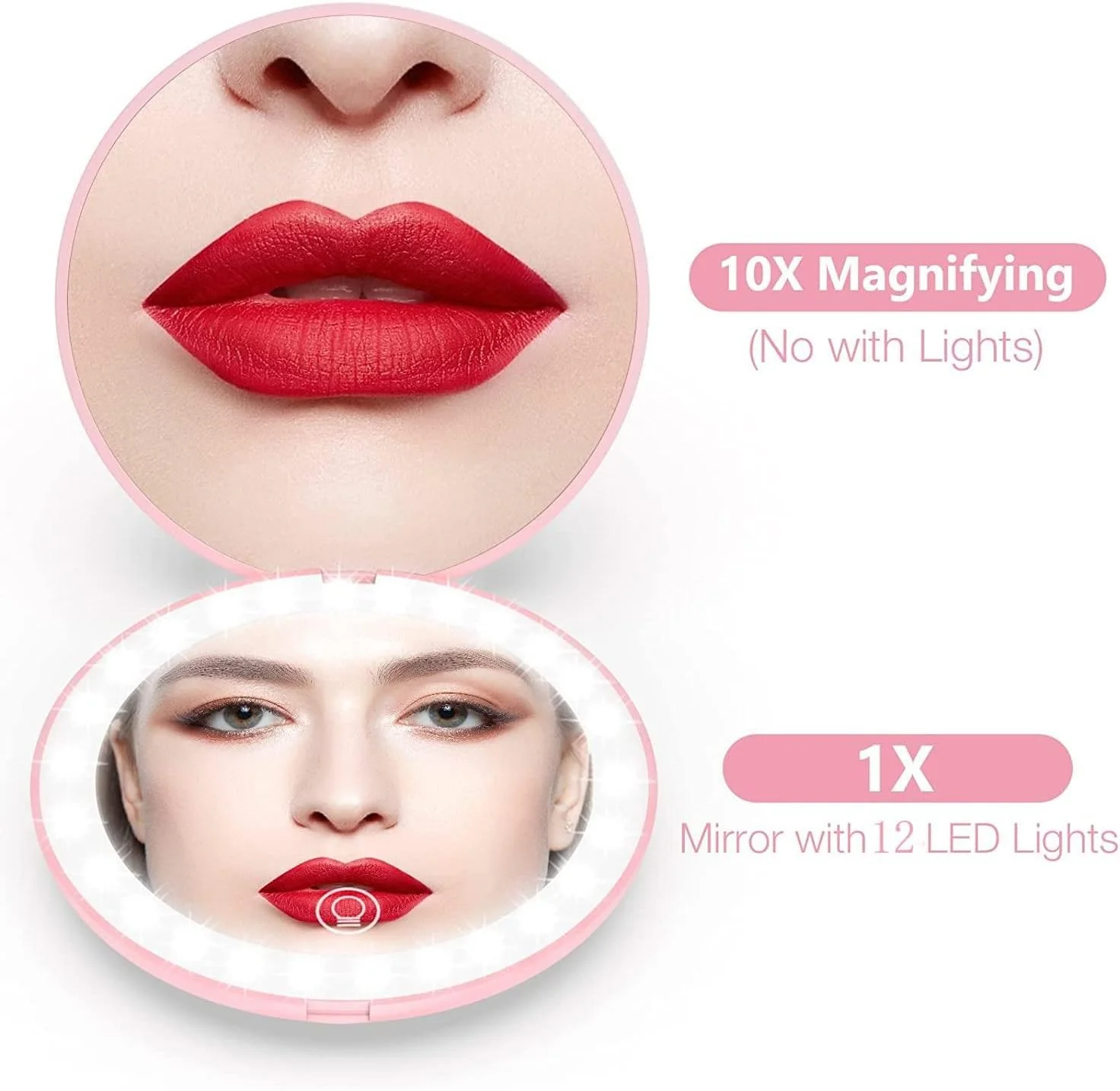 آینه آرایشی LED تاشو، دو طرفه، با بزرگنمایی 1x/10x، مناسب سفر، قابل حمل، گرد، با نور LED و شارژی (صورتی)