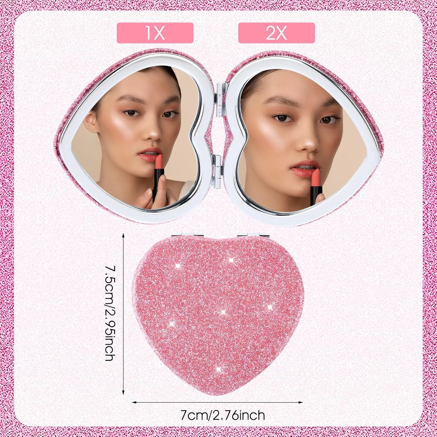 آینه جیبی تاشو قلبی شکل Mabor، آینه دو طرفه قابل حمل با بزرگنمایی 1x/2x، آینه کوچک و فانتزی برای کیف دستی، کیف پول، منزل و محل کار (صورتی)