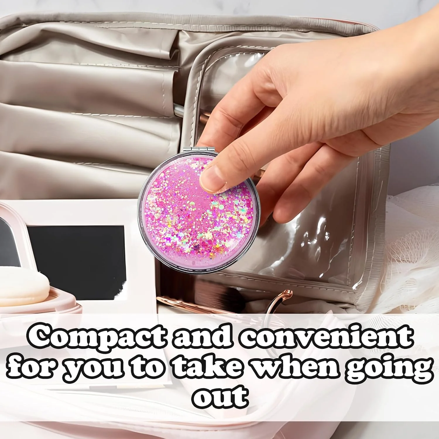 آینه جیبی فشرده LuckyOpt، آینه فلزی گرد با شن روان با بزرگنمایی 1X/2X، هدیه ای برای دختران و زنان (صورتی)