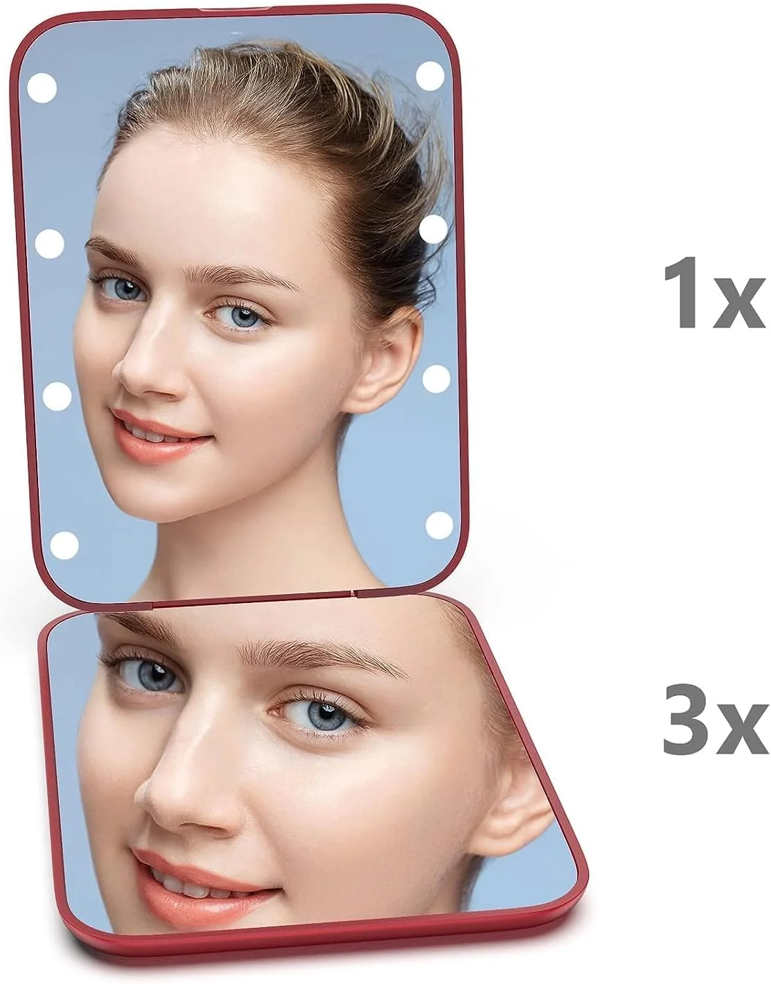 آینه جیبی Kintion، آینه آرایشی مسافرتی جمع و جور LED با بزرگنمایی 1X/3X با نور برای کیف پول، 2 طرفه، قابل حمل، تاشو، دستی، آینه کوچک روشن برای هدیه، قرمز شرابی