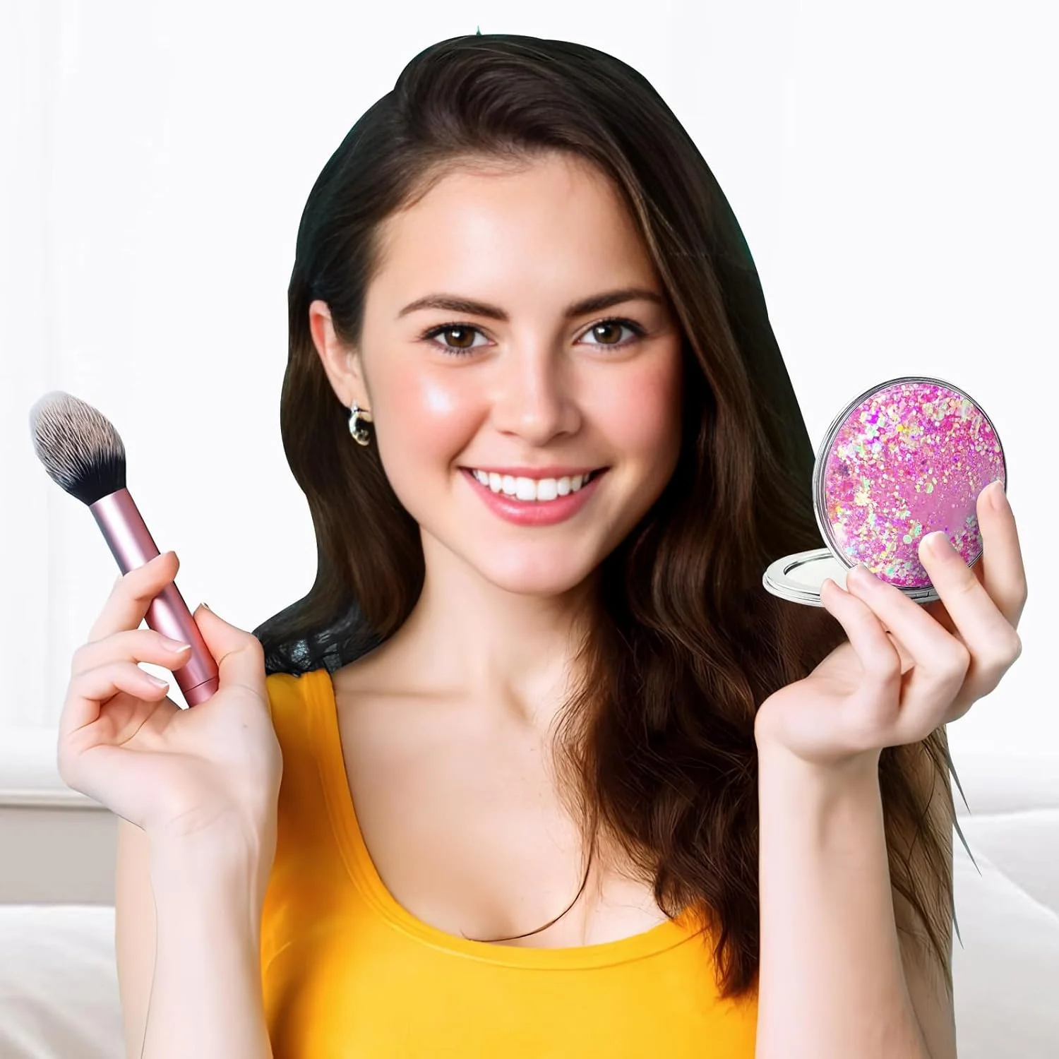 آینه جیبی فشرده LuckyOpt، آینه فلزی گرد با شن روان با بزرگنمایی 1X/2X، هدیه ای برای دختران و زنان (صورتی)